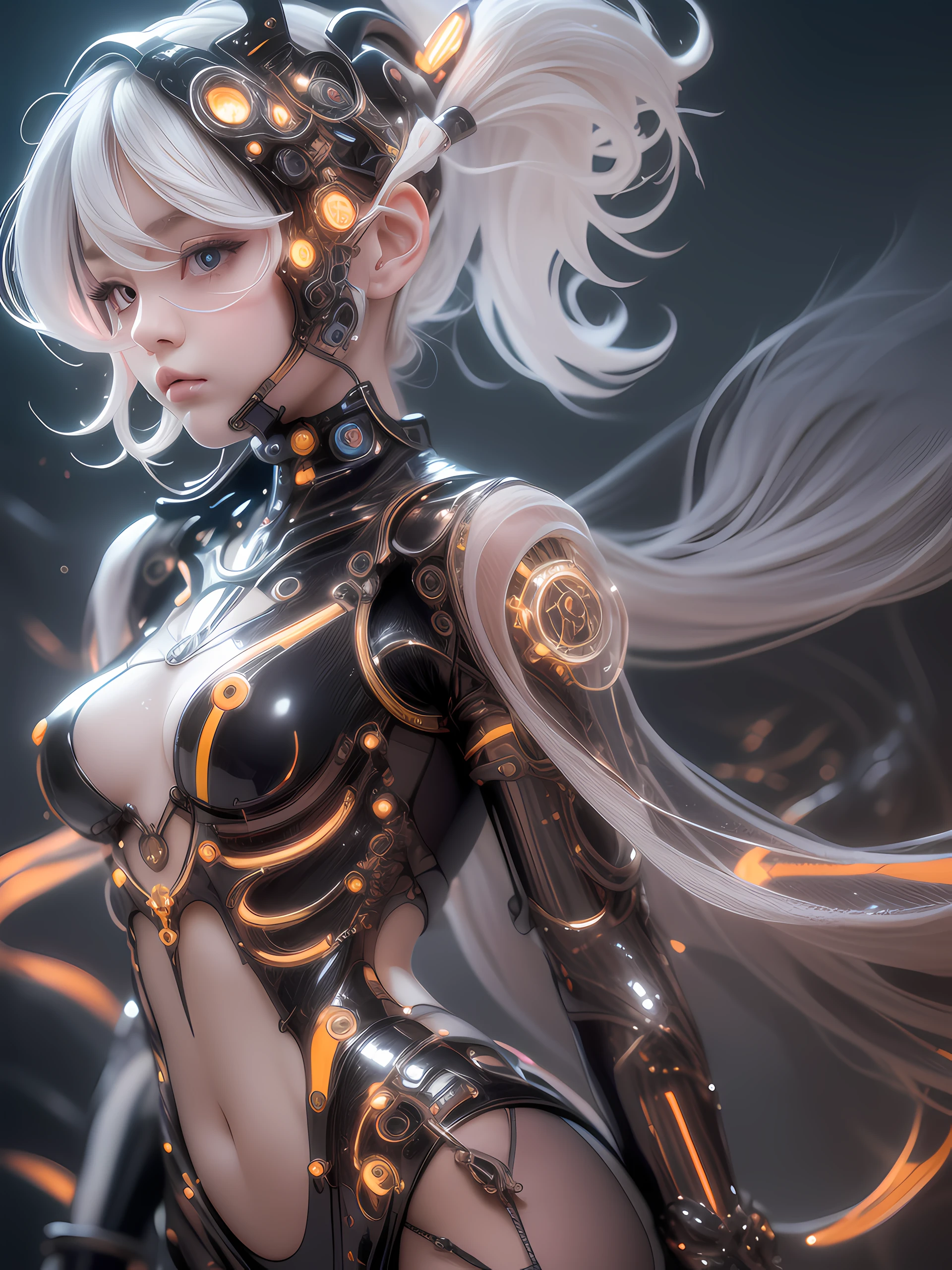 (High-quality images,best illustrations,Beautifully slender,Condensation flutters,The immersion is very strong,extreme hight detail),1个女孩,The black mechanical parts are faintly mixed with orange-red,White-colored skin,Fine lines,mechanicalparts,Upper body,s fractal art