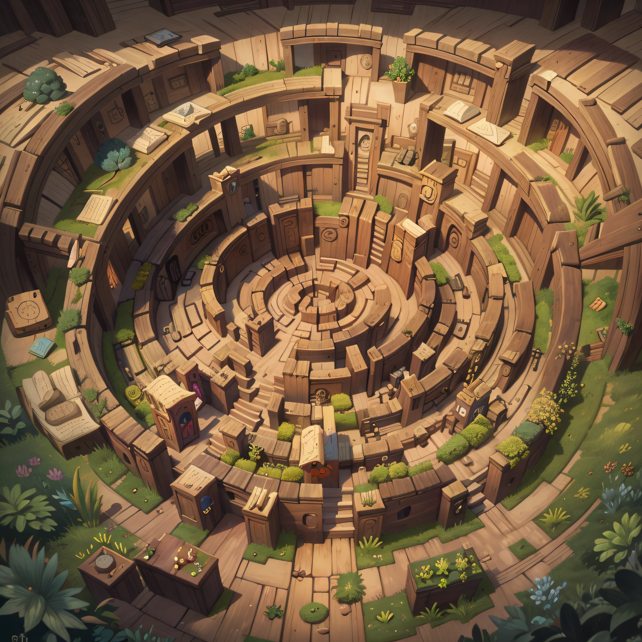 Entering a large magical labyrinth; labirinto classico, labirinto em forma de espiral, maze with several beds, labirinto com tesouros, mazes full of obstacles