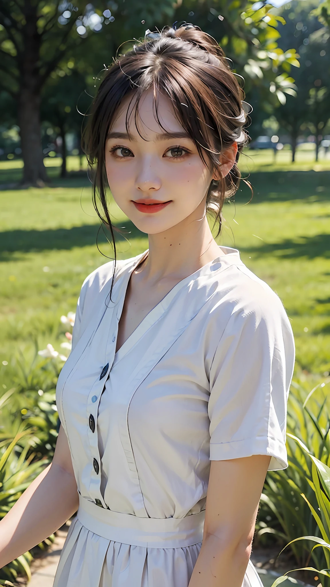 8K, Equal eyes, top Quority, Authentic images, complexdetails, ultra detaile, ultra-definition, Depth field, (make realistic, Realiy: 1.2), nmasterpiece, good hand, 4K, japanes, 1girls, finely detailed skin, Sharp focus, (Film illumination), collar bone, gentle illumination, round nose, dynamic angle, (Detailed face 1.2), Mid-breasted, Whole human body, lipsticks,eyes bags, Smile with, black har, bangss, lifiting shirt,grass field