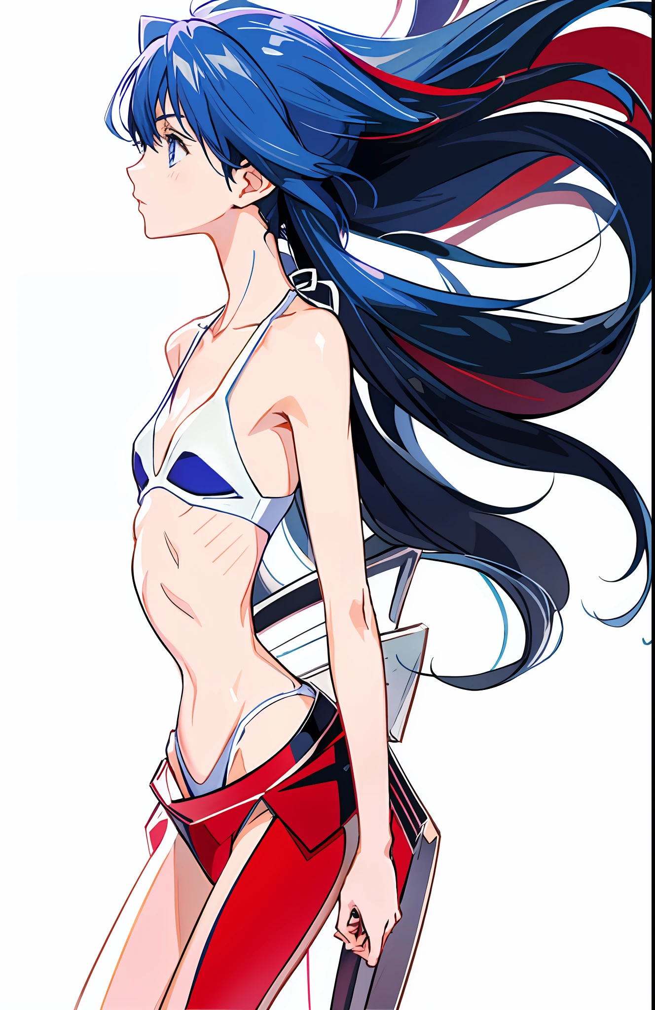 anime girl with long blue hair in red bikini and red belt, Hermosa Asuka de Evangelion, Atractivo Matoi Ryuko, kill la kill illustration, Nico Robin, matar a la matar, Asuka de Evangelion, seductora chica de anime, a-1 pictures, high definition anime art, (Chica anime), is wearing a swimsuit, De Evangelion, arte oficial