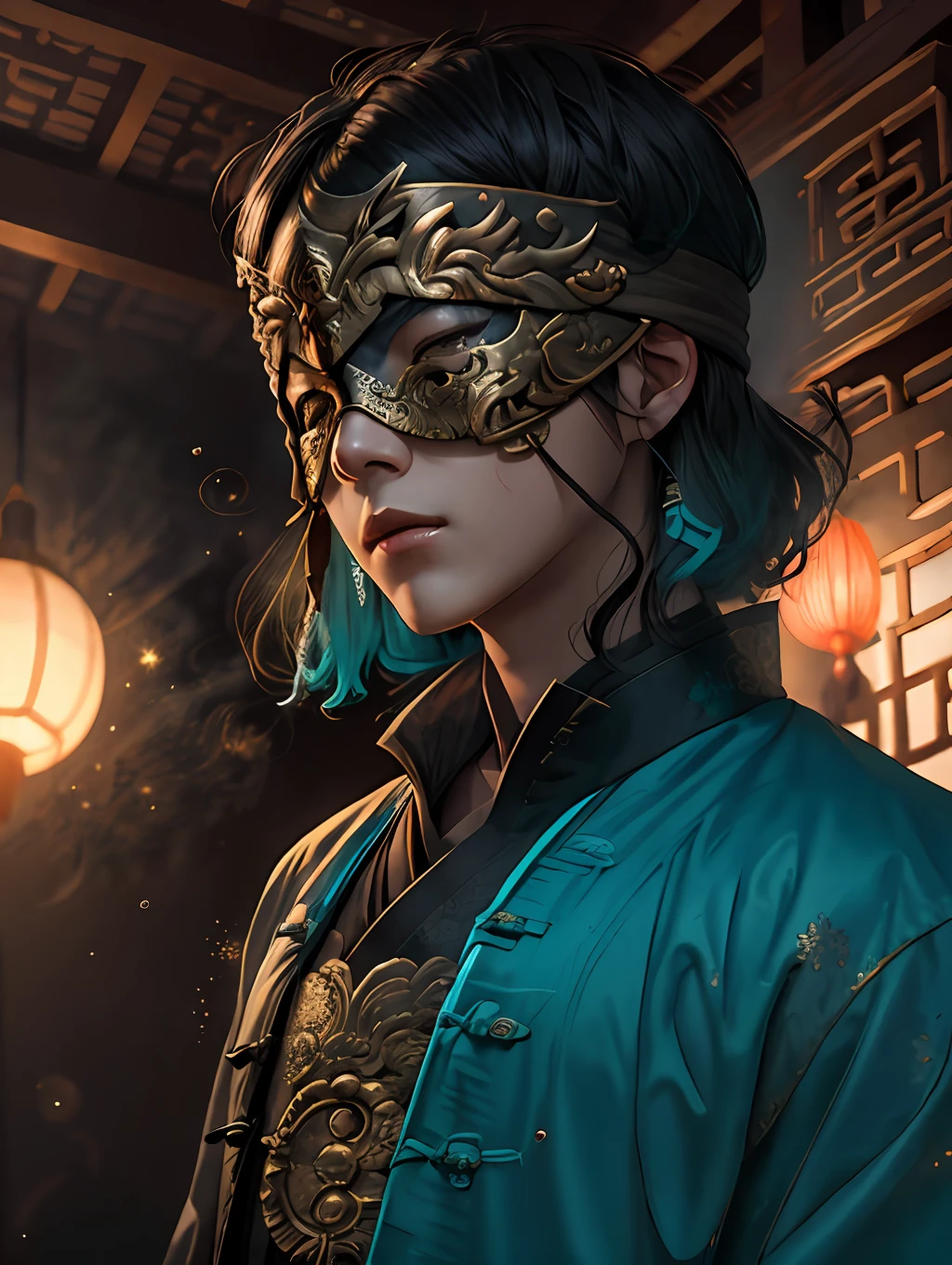 middle shot。Oil painting of a handsome man blindfolded wearing a bronze mask(Cover the entire face and only expose the eyes),cabelos preto e longos,White sideburns hair,Cyan linen silk clothes,Detailed skins,Detailed face,Clear focus,high qulity,Bright lights,dynamic lighting,(thin fog:.4),Particle,God Ray,moon light,moodiness,Emotion,photon maping,realistic shaded,Background inside an ancient Chinese architectural inn
