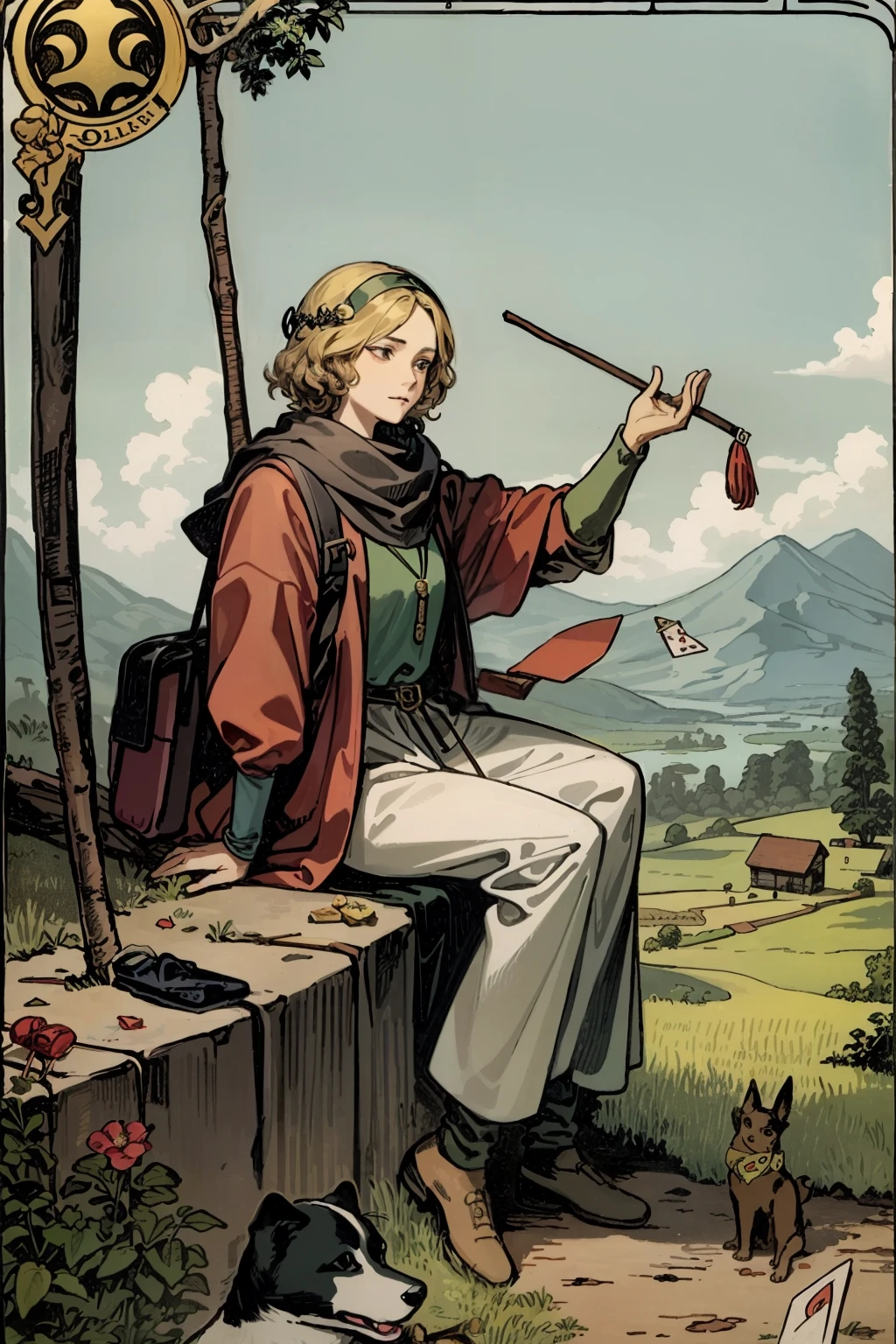 tarot card, the fool, woman, bindle, stick and bag, cliff, dog