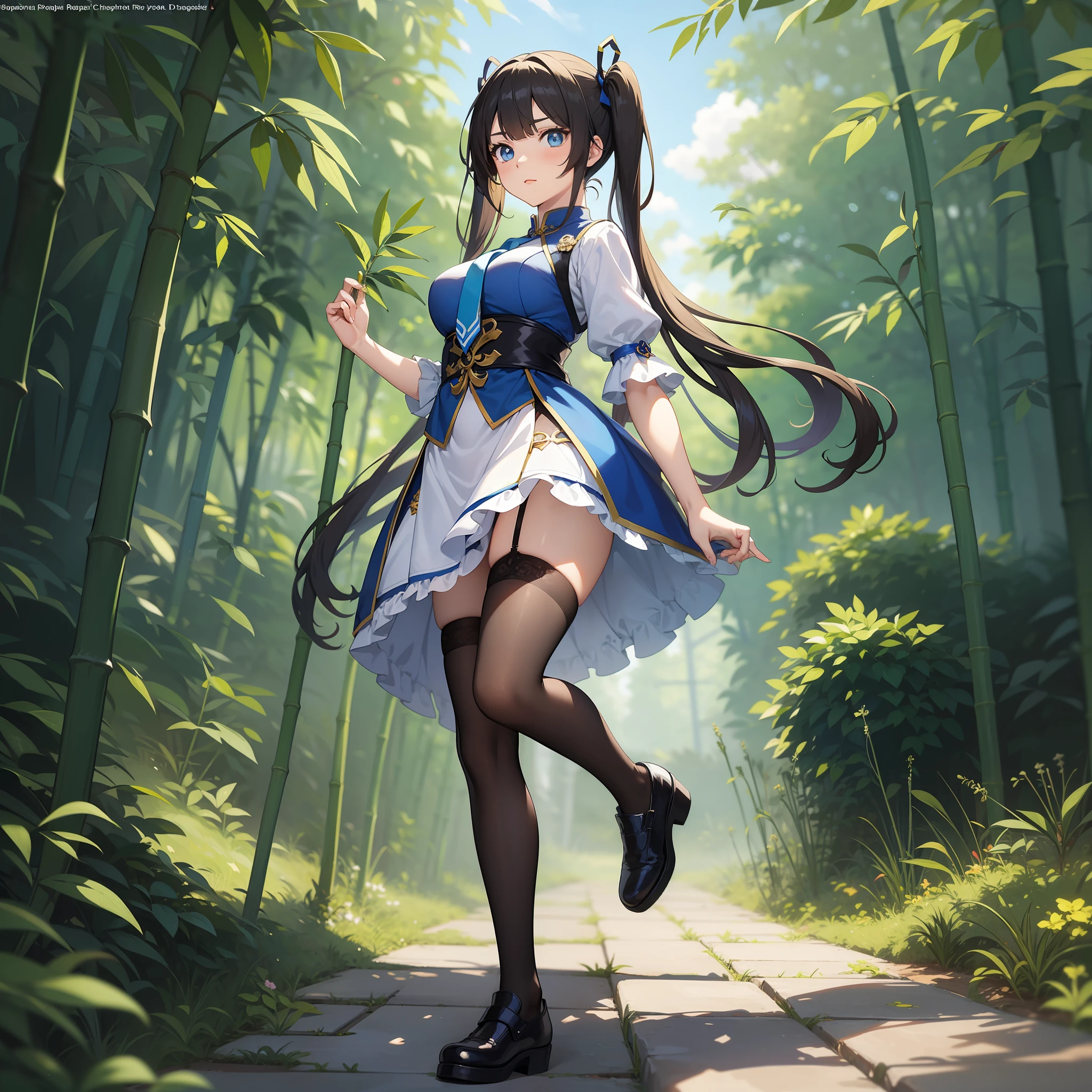 Anime Girl with long thin hair in 2 pigtails and blue ties, detailed key anime art, anime girl with black hair, shadowverse style, Using a white blue Chinese mini dress, blue stocking, Kicking style, in the bamboo tree, blue eyes, masterpiece, UHD, Big eyes