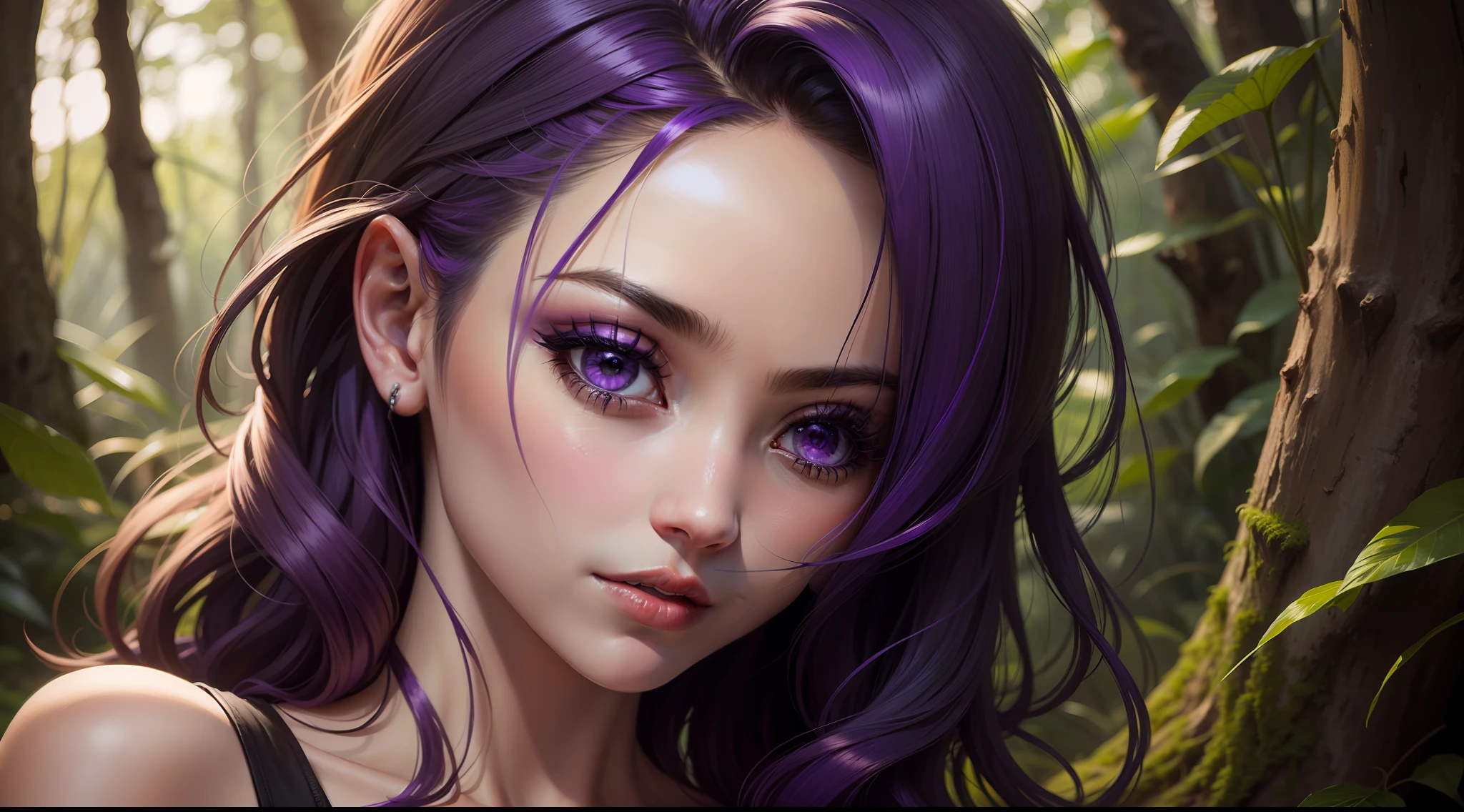 Um mulher bonita, cabelo (( preto )),batom(( vermelho)), olhos(( roxo)),na floresta,