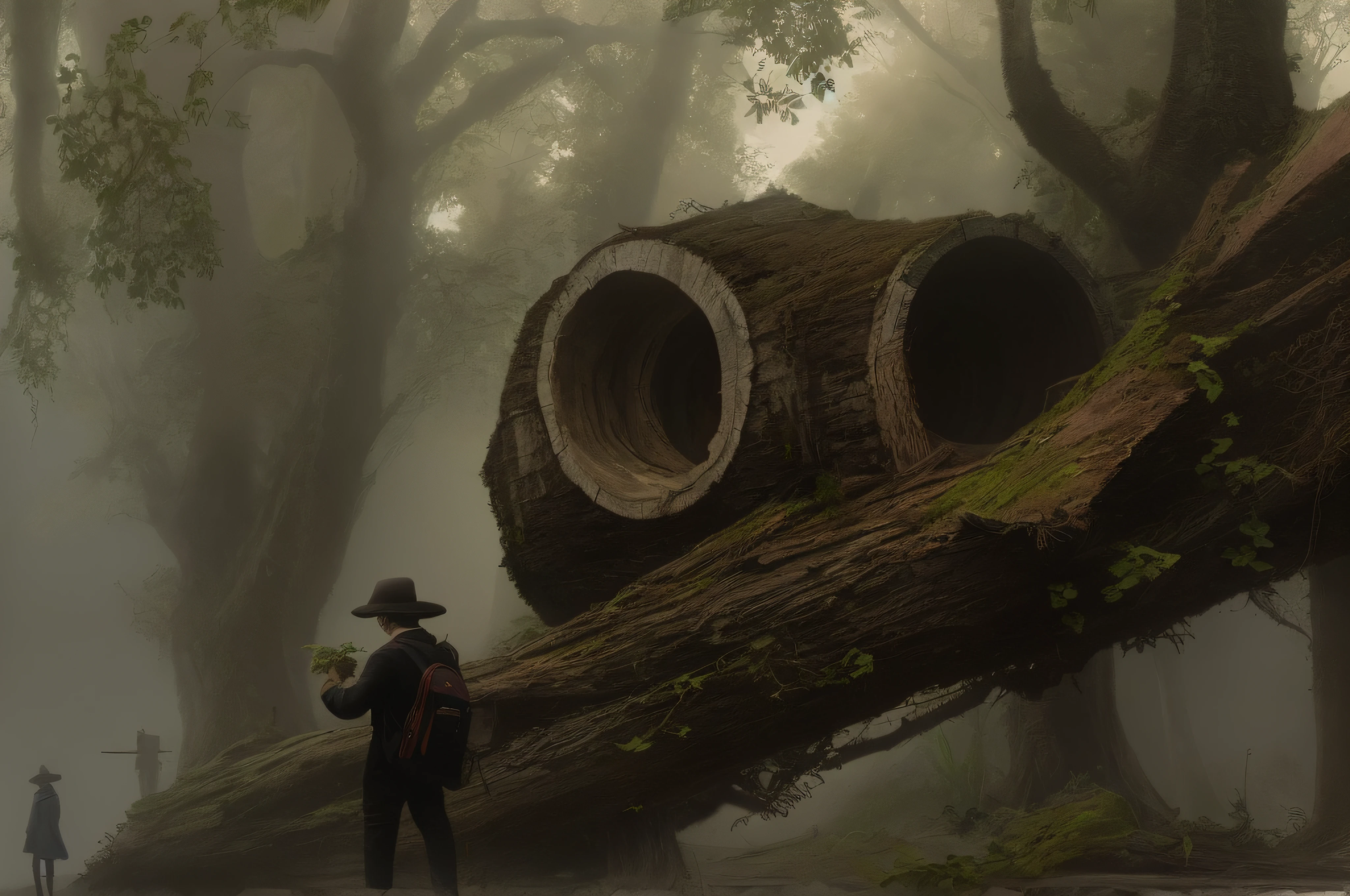 painting of a man standing in front of a fallen tree, Arte infantil em Artstation, arte conceitual para um videogame, arte conceitual hiperdetalhada, Stefan Koidl inspirado, senior concept artist, arte conceitual ambiental, arte conceitual profissional, arte conceitual de pintura digital, arte conceitual altamente realista, artista conceitual premiado, concept art oil painting, eerie nostalgic concept art