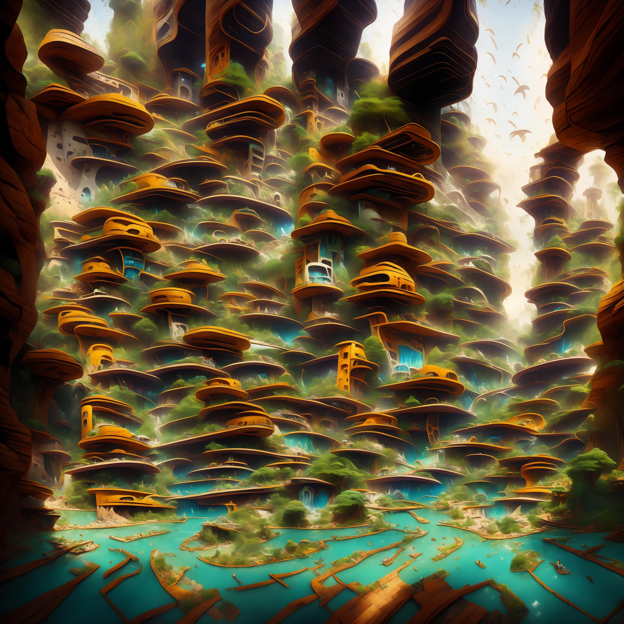 an awesome sunny cheerful day environment concept art of Futuristic design of cave architecture interiors concept art on grand Canyon caves nature architecture, proportional,detailed, cave architecture nature meets futuristic architecture on a rainforest jungle cliff with huge waterfalls,Crepuscular rays, nature meets modern architecture in the style of Aries Moross, Rem Koolhaas,Daniel Libeskind, Jean Nouvel, Paolo Soleri,Toyo Ito and Philip Johnson with Dry brush drawing style ,Chiaroscuro village,cliff side residential area, mixed development,nature architecture,bright colors,high rise made up staircases, balconies, full of glass facades,carved from rocks, masterpiece, proportional, detailed, trending on artstation, beautiful lighting, realistic, intricate