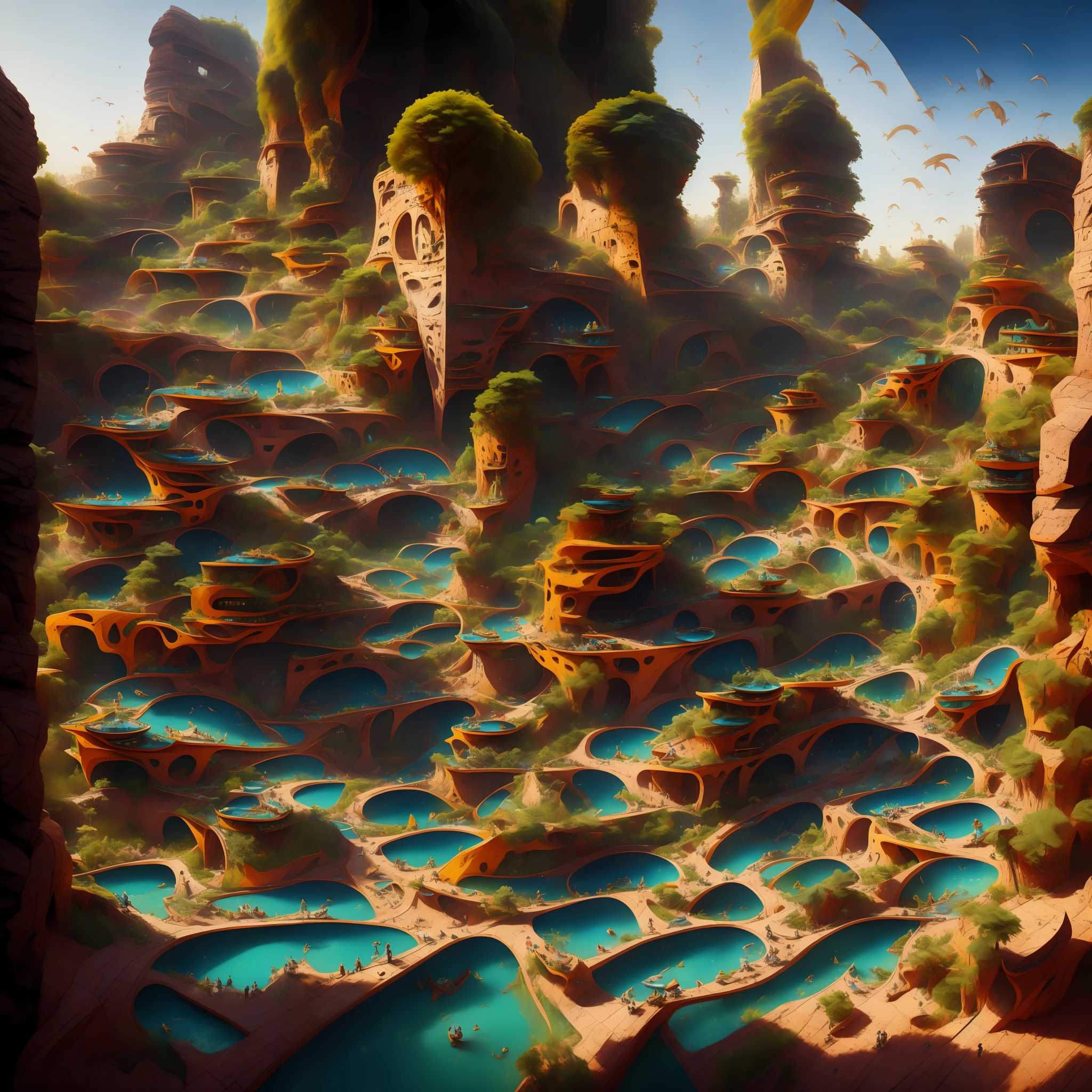 an awesome sunny cheerful day environment concept art of Futuristic design of cave architecture interiors concept art on grand Canyon caves nature architecture, proportional,detailed, cave architecture nature meets futuristic architecture on a rainforest jungle cliff with huge waterfalls,Crepuscular rays, nature meets modern architecture in the style of Aries Moross, Rem Koolhaas,Daniel Libeskind, Jean Nouvel, Paolo Soleri,Toyo Ito and Philip Johnson with Dry brush drawing style ,Chiaroscuro village,cliff side residential area, mixed development,nature architecture,bright colors,high rise made up staircases, balconies, full of glass facades,carved from rocks, masterpiece, proportional, detailed, trending on artstation, beautiful lighting, realistic, intricate