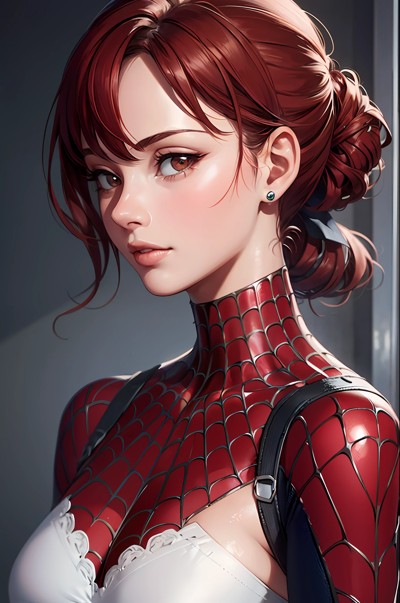 best quality,game cg,1girl, masterpiece, best quality, 8k, detailed skin texture, detailed cloth texture, beautiful detailed face, intricate details, ultra detailed, audrey hepburn, Spider-Man uniform, straight red hair, (Half body:1.2)