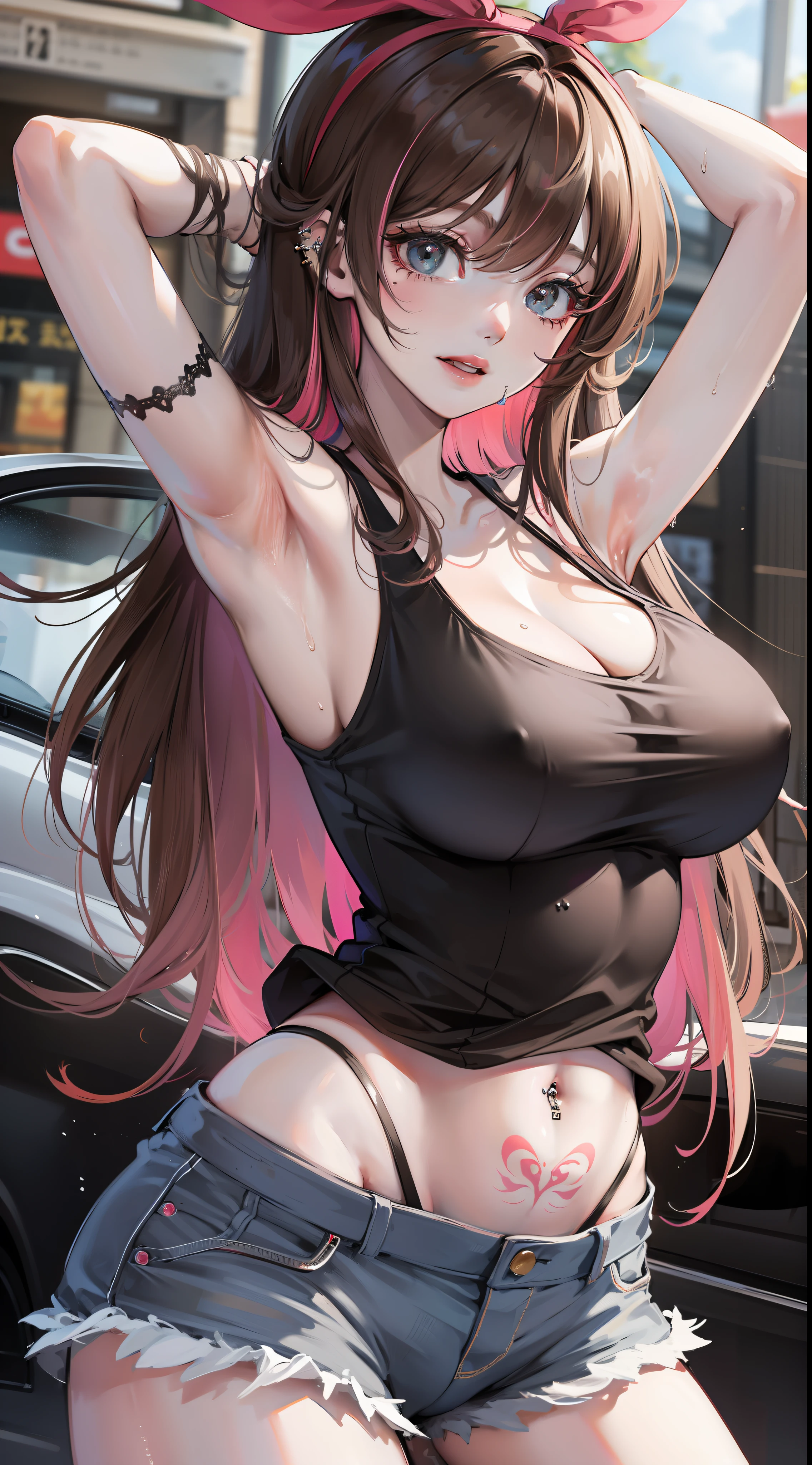(Best quality, 8k, 32k, Masterpiece, UHD:1.2), kizuna ai, huge breasts,long hair, brown hair, multicolored hair, hair tied, pink hairband, pink highlights, streaked hair, smiling, black tank top, navel, navel piercing, tattoo on stomach, jean panties, hose pipe, car , car wash , wet