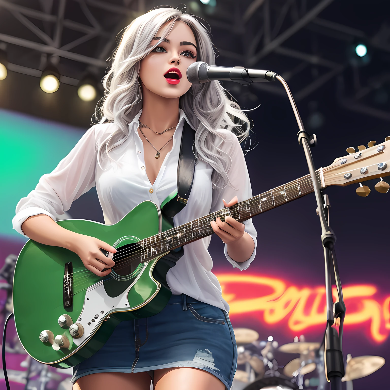 wavy silver hair Thick black eyebrows Round eyes green, Thick red lips Round face, elegant and handsome, neck net, white shirt blue denim short skirt Full body image of a 20-year-old girl wearing black shoes and singing with a guitar. Resolution 300 pixels. The sharpness of the image is good. Light and dark colors well. A natural image. --auto