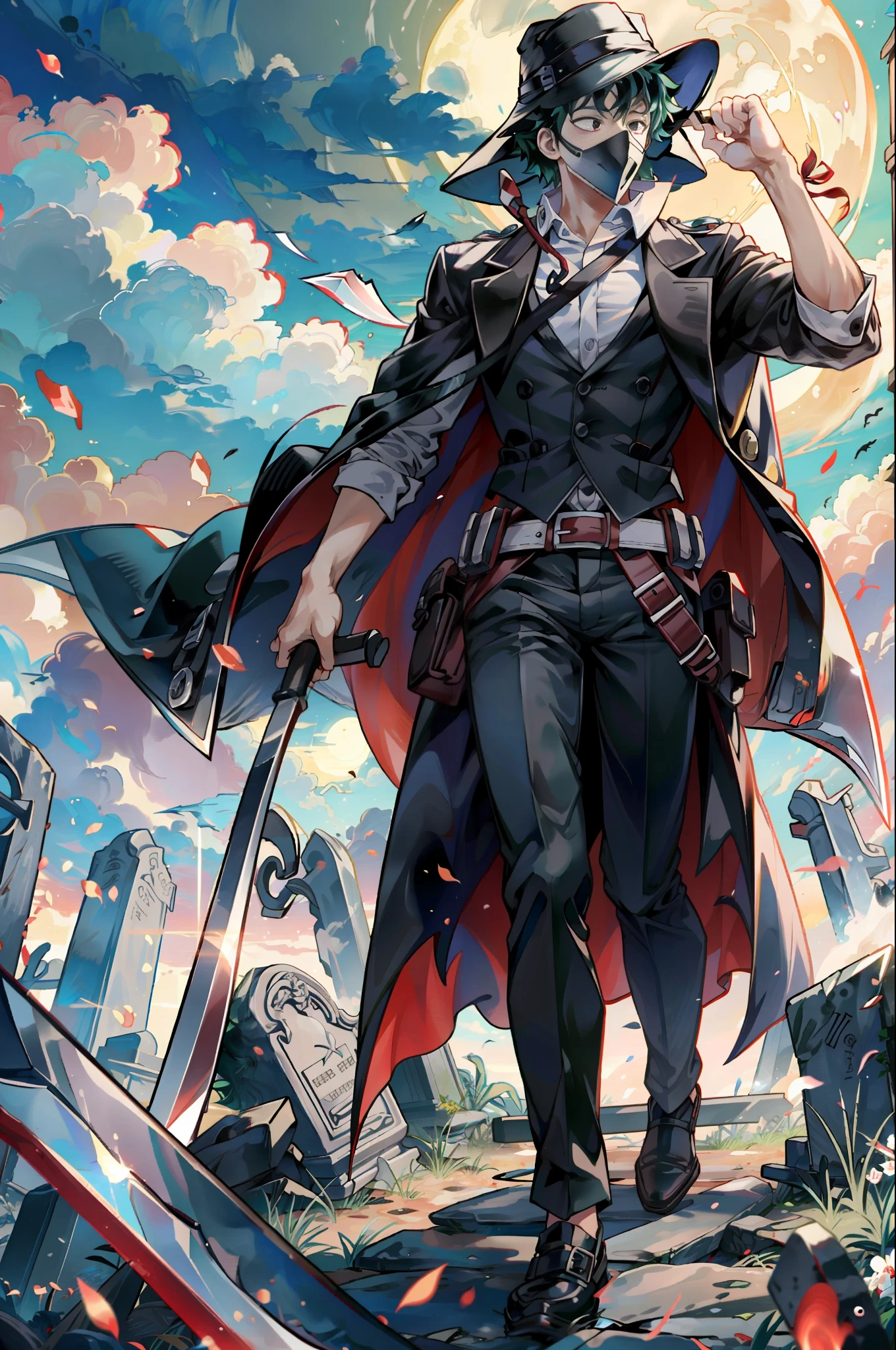 Izuku Midoriya as the grim reaper wearing plague doctor's clothes wielding a scythe on a cementary under the crimson moonlight