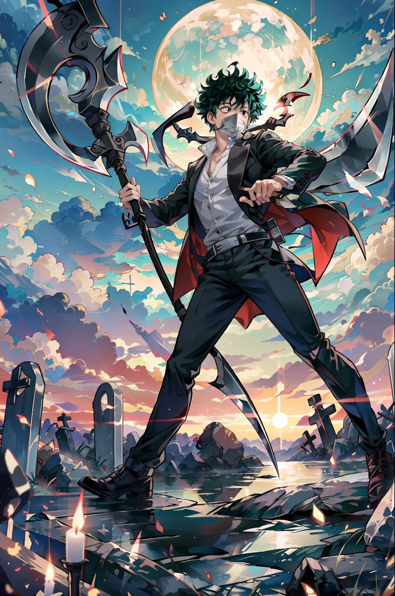 Izuku Midoriya as the grim reaper wearing plague doctor's clothes wielding a scythe on a cementary under the crimson moonlight