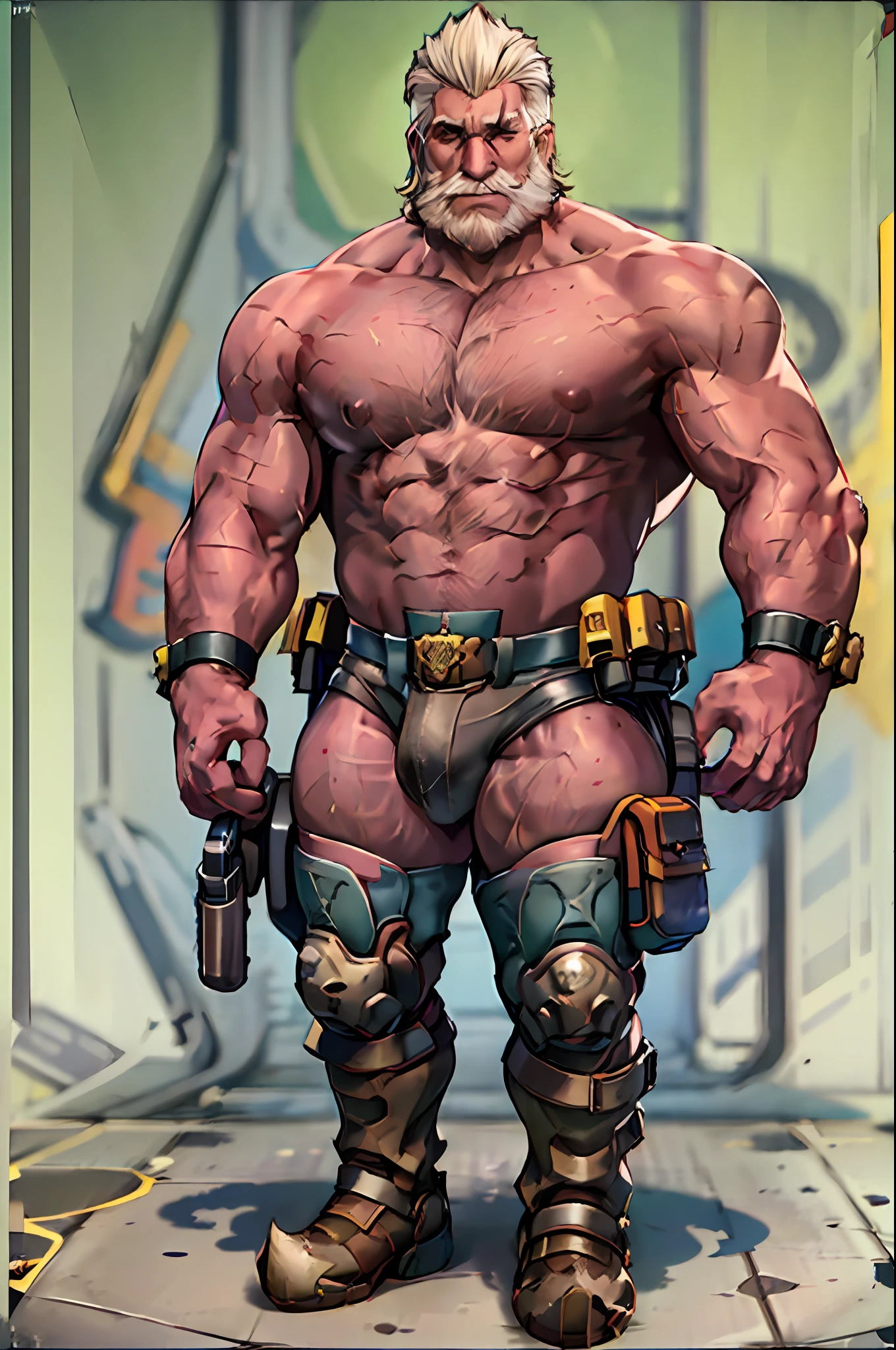 A portrait full body photograph Atractive mid age cop, cap cop, police badge, Aviator glasses, Handcuffs, gun, club, medium hair shaved sides, Strong, muscular, hairy big belly bodybuilder, bulge very hairy pubs groin area,leather boots, epic realistic, photo, faded, neutral colors, ((((hdr)))), muted colors, intricate scene, artstation, intricate details, vignette