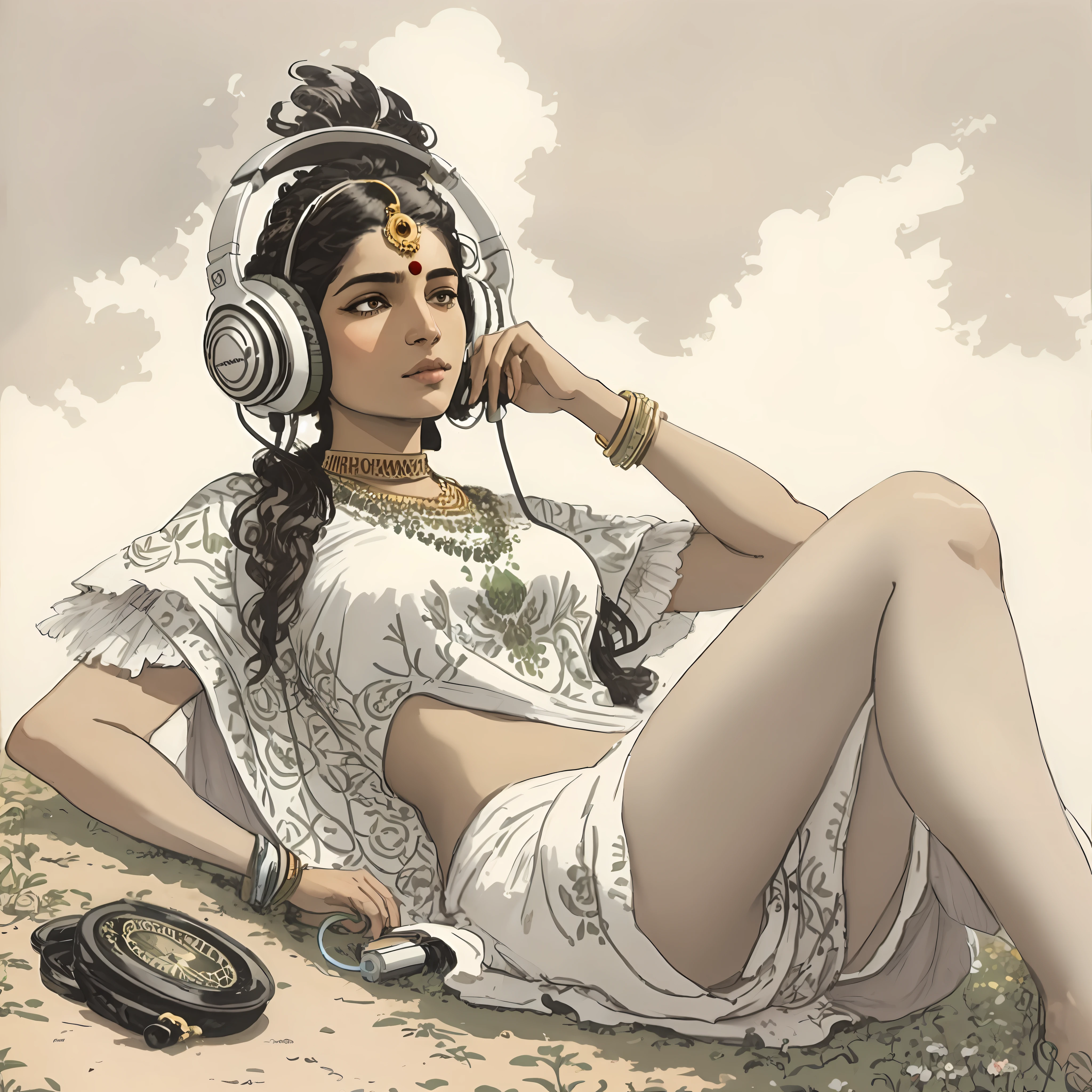 pencil sketch of an Indian woman laying on grass with wooden headphones on, by Jon Foster, martin ansin, goddess. extremely high detail, craig mullins alphonse mucha, martin ansin artwork portrait, karol bak and peter mohrbacher, peter mohrbacher'', mohrbacher, artgerm', moebius and mohrbacher