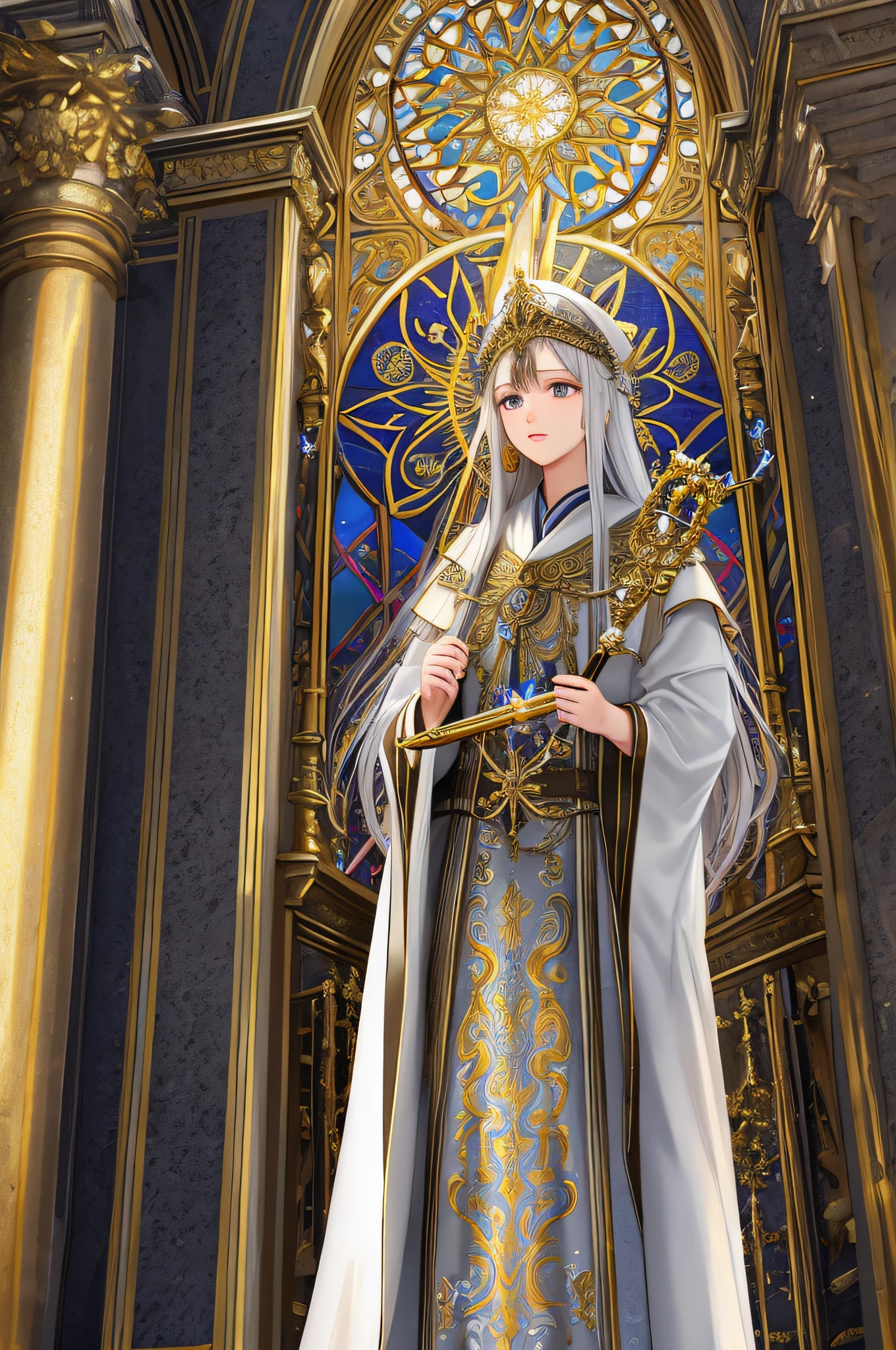 (Masterpiece: 1.2), (Best quality), Detailed, UHD, Cinematic lighting, sharp focus, (illustration: 1.1), intricate,3 Archangels, Catholics with long hair, wearing a robe and armor, golden, silver, and broze, pondering on one with swords, staff, church in classical style, columns detailing poorly lit Corinthians, hall bright lights, flashing lights,