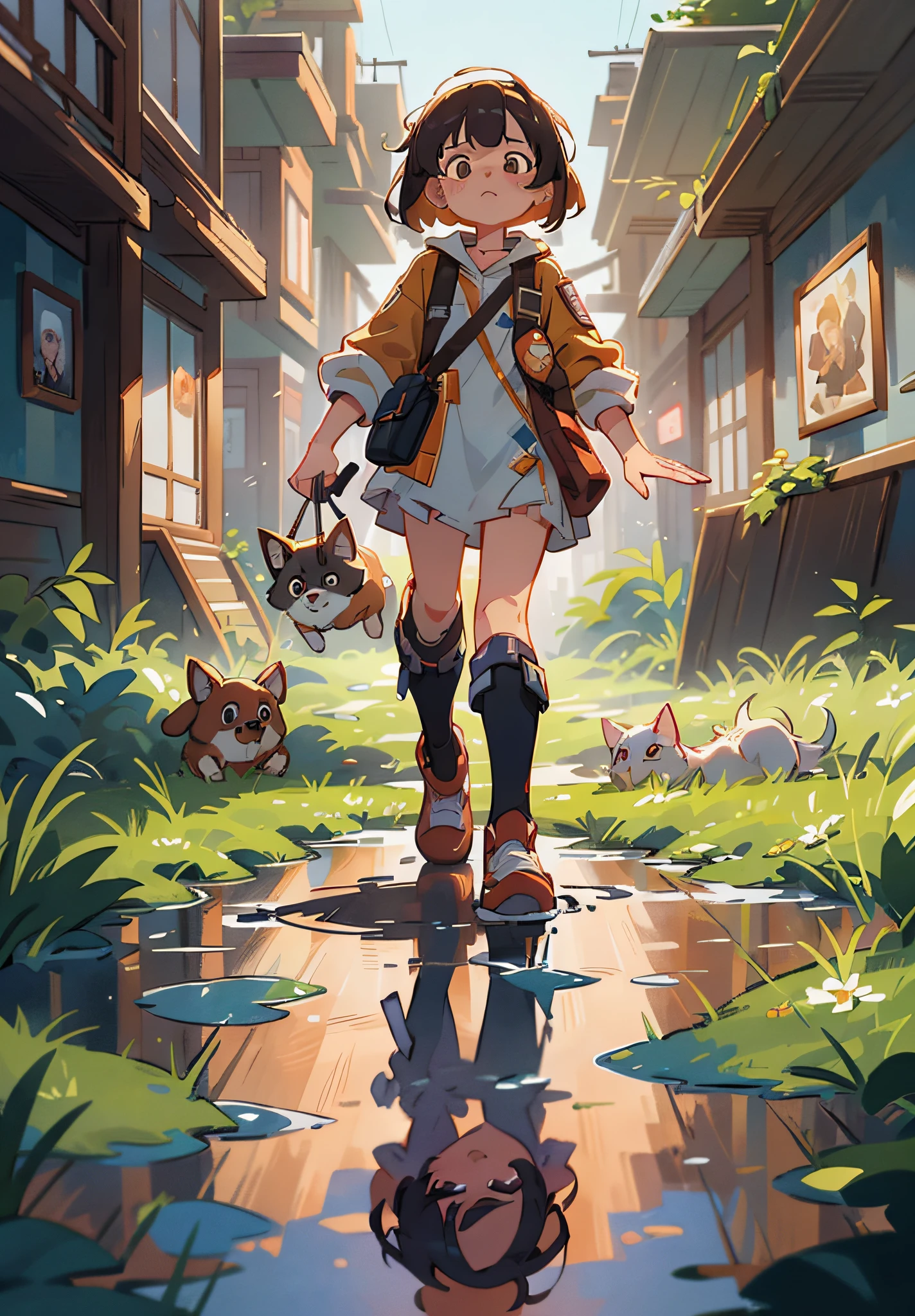 (Masterpiece, Best Quality: 1.3), Reflection, Very Detailed, (Very Detailed CG Unity 8k wallpaper), Cinematic lighting, detailed background, Dramatic, A cute 1 girl saving dog, healing, crowd,
