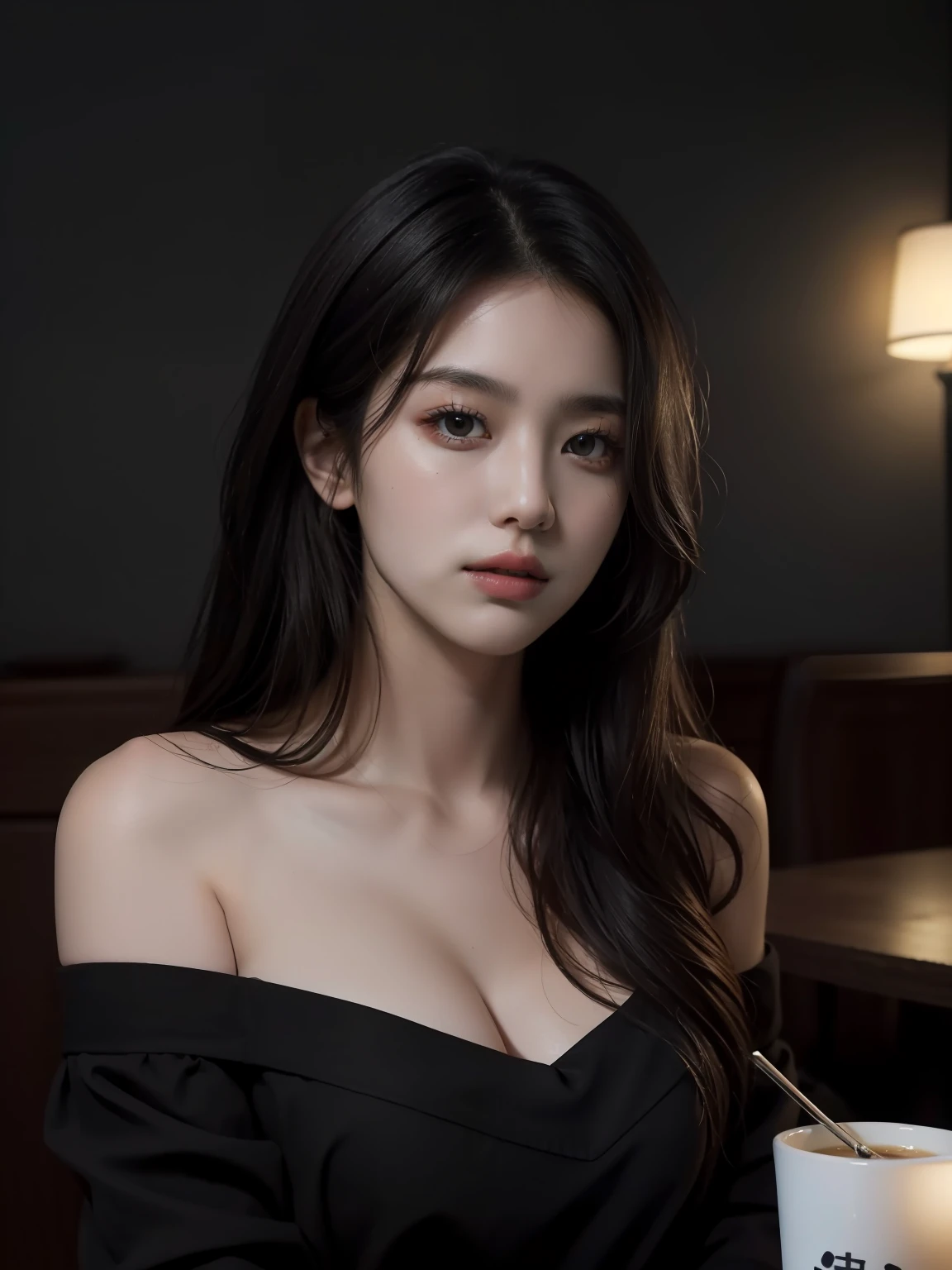 beste Quality, masterpieces, Super High Resolution, (photo realistic:1.5), Raw Image,Black dress ,Korean 1girl, offshoulder, In the dark, deep shadow, Low key, cold light, sexy look, hair long,Cafe,pretty,lim light,swirling hair