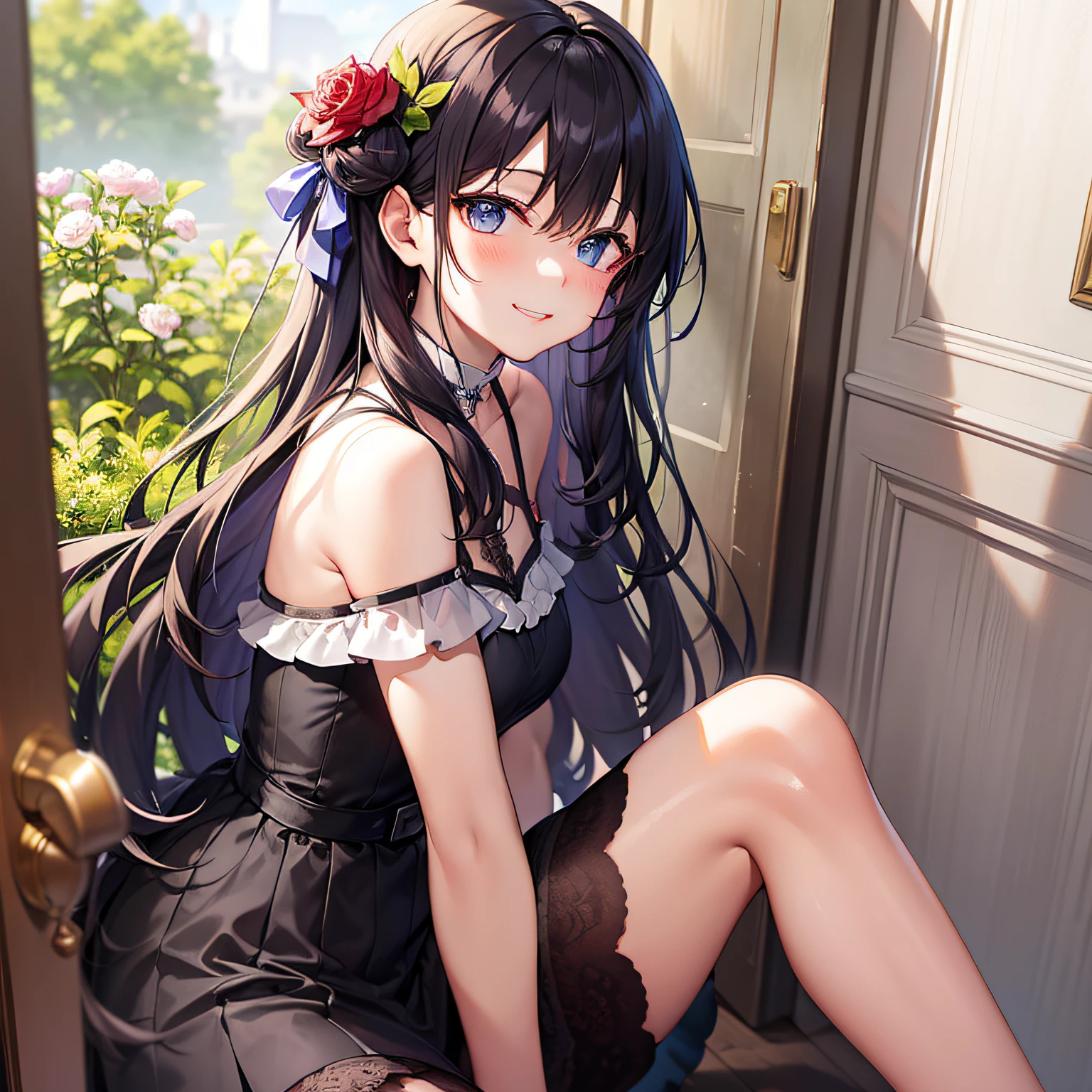 nmasterpiece,the best quality,high resolucion,1个女孩,Peeping at the door that opened his upper body, his cheeks were slightly rosy, gentle lip biting, a pair of clear and shy eyes, hand twisting skirt corners, flowing curls, gentle dress, long hair as black as a waterfall, flower decoration, beautiful and gentle smile,
