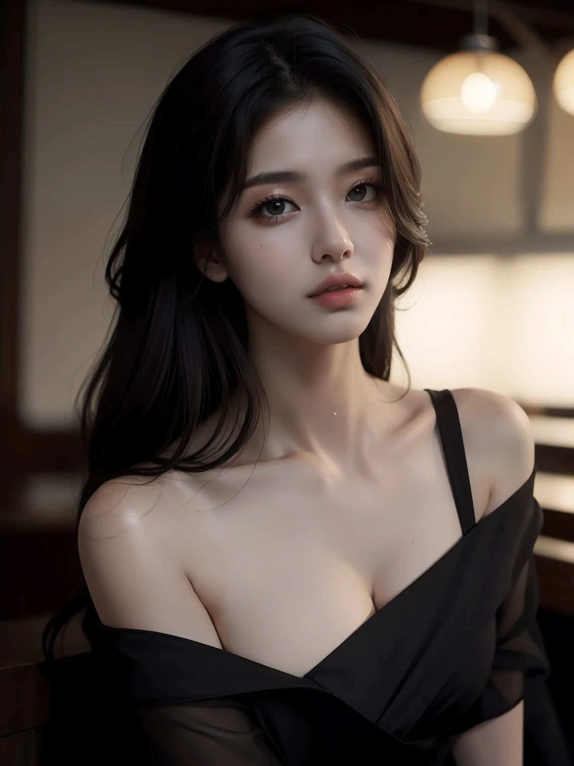 beste Quality, masterpieces, Super High Resolution, (photo realistic:1.5), Raw Image,Black dress ,Korean 1girl, offshoulder, In the dark, deep shadow, Low key, cold light, sexy look, hair long,Cafe,pretty,lim light,swirling hair