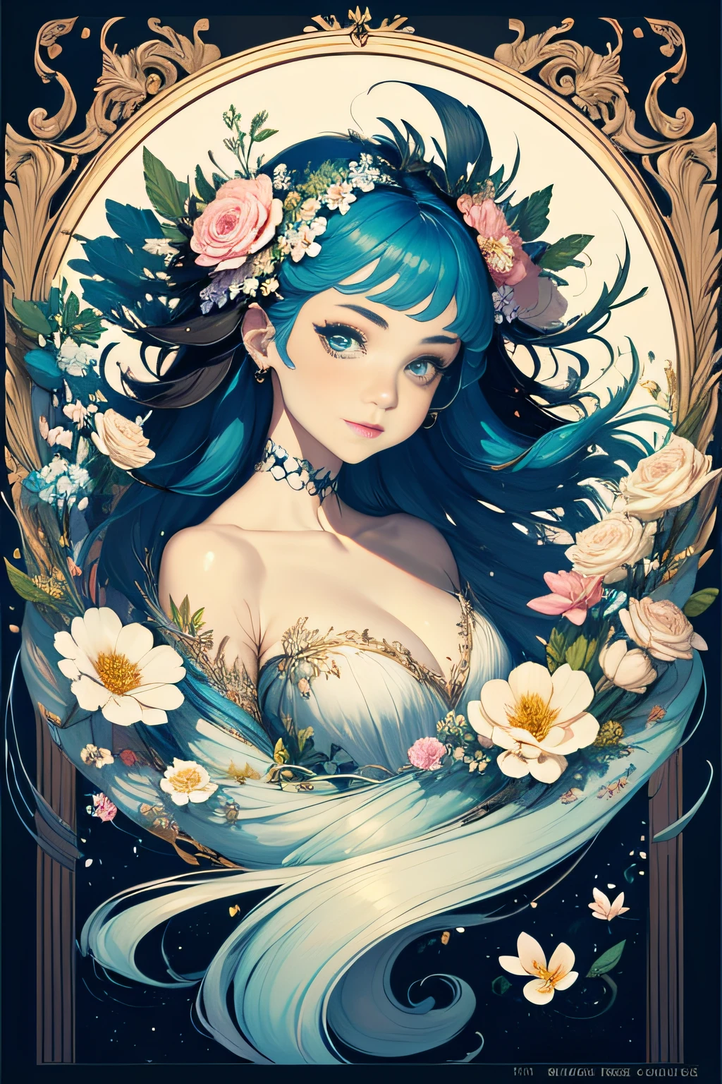 Flowers in hand,Highest image quality,best detail,One Man,Long flowing colored hair,(Bright and beautiful eyes),Full body like,ultra -detailed,crazy detail, Amazing, Complex, Elite, Art Nouveau, a gorgeous, Liquid wax, Elegant, Luxurious, Ink style, sticker sheet, Vector art beautiful character design,, winning artwork, nmasterpiece,eye-catching imagery, Artistic composition, hyperactive, sport, Particle, nmasterpiece, ,Highest image quality,(Close-up),beautiful gown,Smile with your mouth closed,beautiful a girl,(shiny skins),White skin,((many colors)),Black pupils,((nmasterpiece,最佳质量,Heavily detailed,ultra-high-resolution,detailedbackground)),(((Abstract background))),((Very detailed fractal art)),,rich colourful,Most detailed,top Quority,最佳质量,Beautie,Beauty and aesthetics:1.2,((a color)),glowing with:1.8