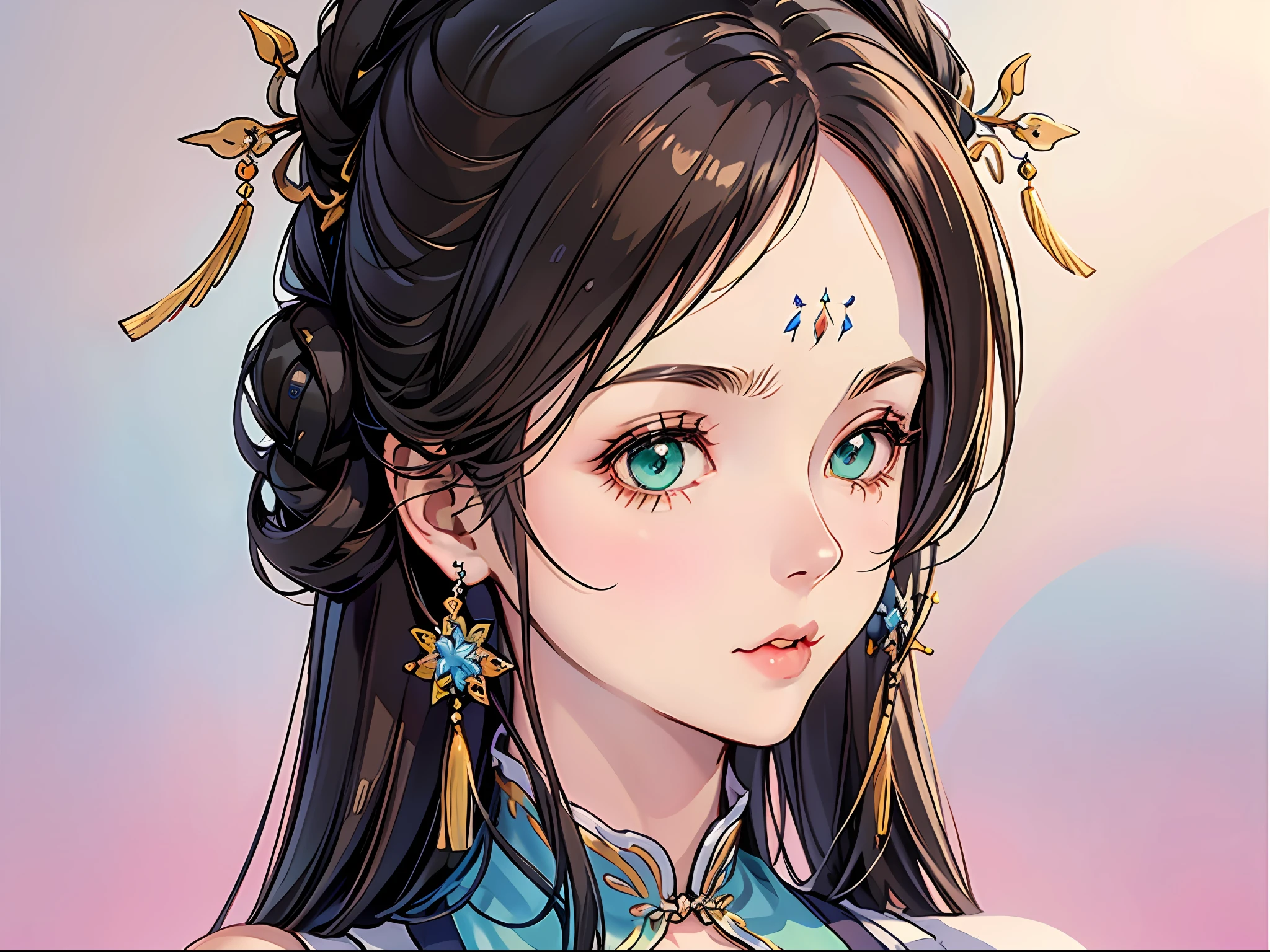 (masterpiece), best quality, beautiful detailed hair detailed face, animemanga girl, solo, close-up portrait, narrow perspective, perfect feminine face, very stunning woman, simple black dress, chesnut brown hair, shoulder length hair, green eyes, by nomura tetsuya