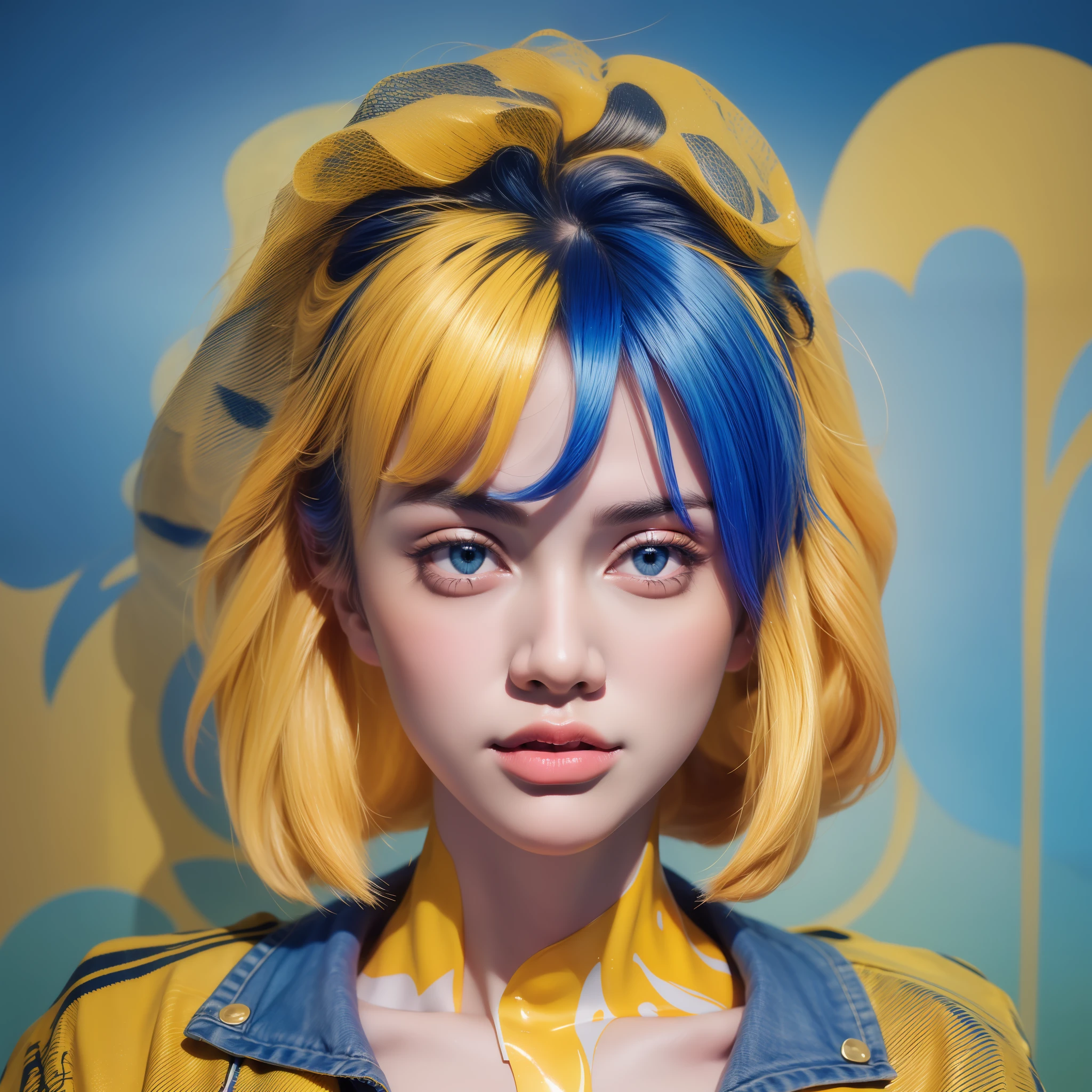 (masterpiece, best quality),a beautiful woman, lipstick, illustration, punk, cd cover art, (((blue and yellow))), portrait, blue background , yellow splashes, graffiti