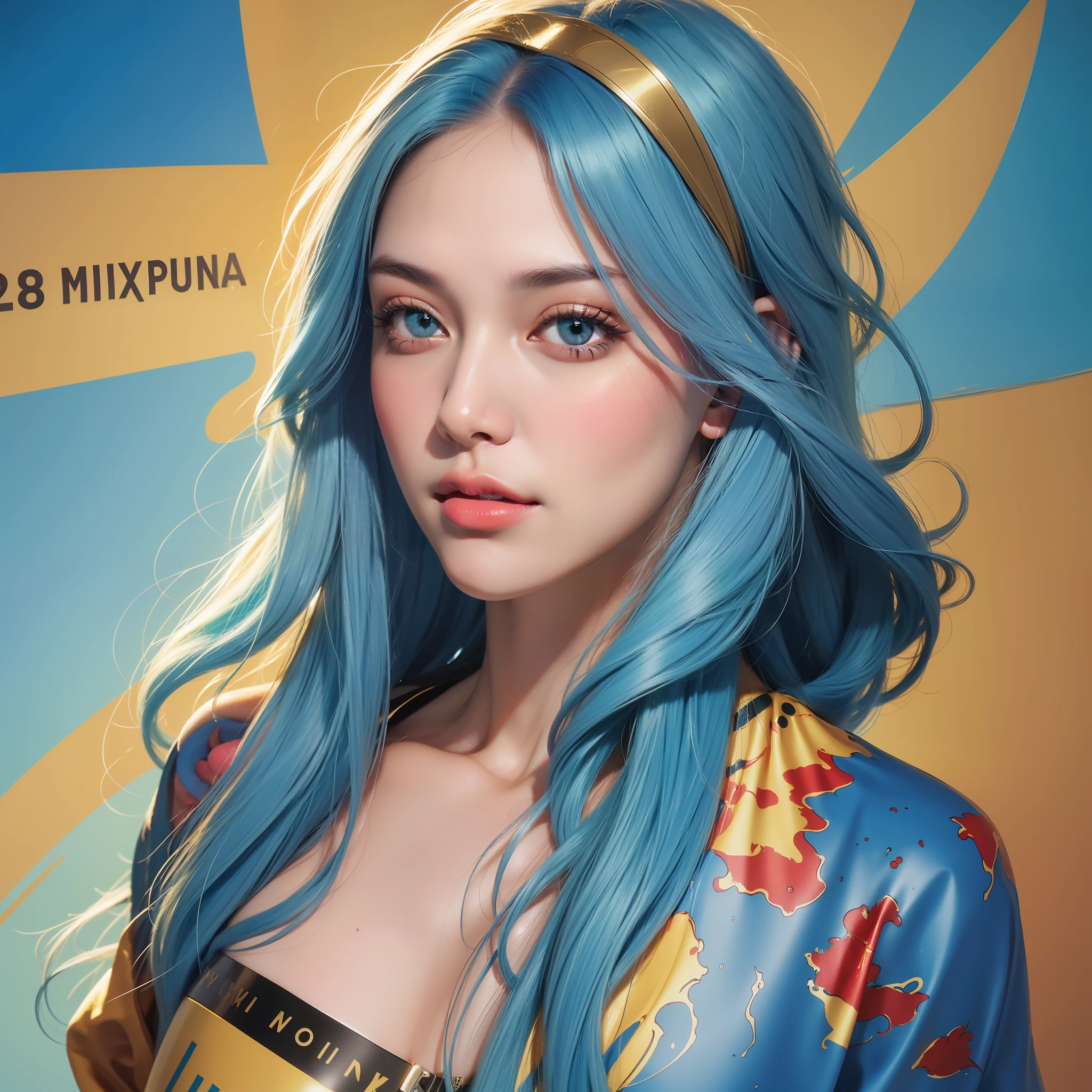 (masterpiece, best quality),a beautiful woman, lipstick, illustration, punk, cd cover art, (((blue and yellow))), portrait, blue background , yellow splashes, graffiti