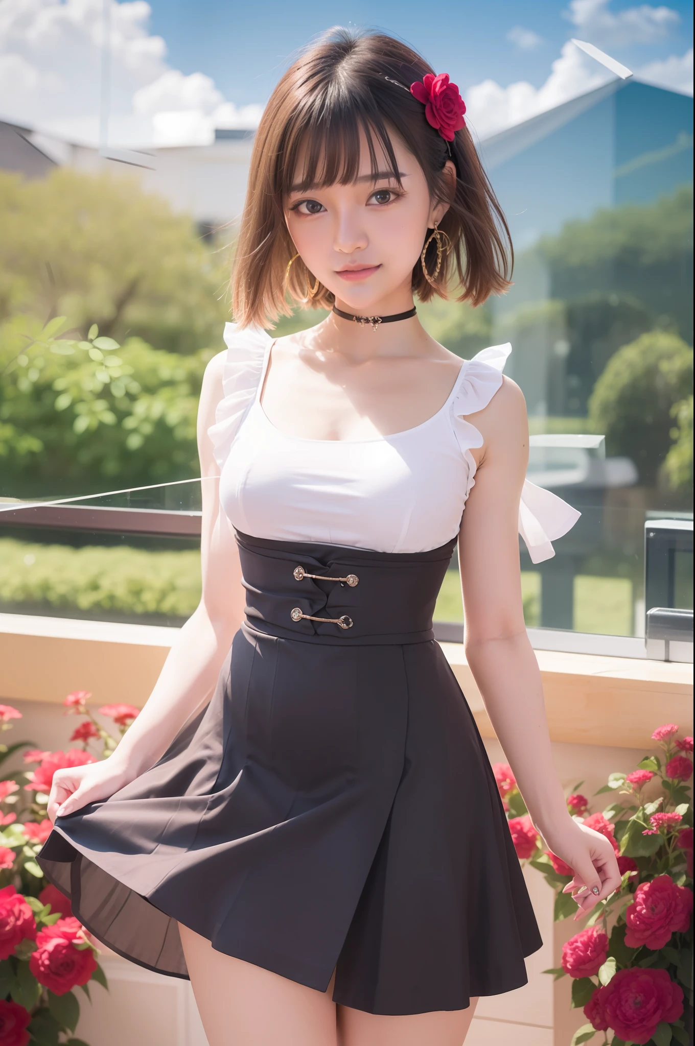 (((Marin Kitagawa))), (masterpiece, best quality), ((extremely detailed, intricate details, lush detail, insanely detailed face, beautiful red eyes, lips, detailed skin, very wide-eyed, skinny)), (( floating hair, shiny skin)), (1girl), wide hips, narrow waist, thick thighs, ((big pupil)) , nervous, ((happy, smile, long hair, younger, blush, tall, black outline, blonde hair, straight hair, seductive eyes, mature female, older, very long hair)), 1girl, toned, ((((indoors, in front of a big window, light shining through window, upper body focus)))), solo, blonde hair, school uniform, skirt, necktie, shirt, shoes, choker, jewellery, white shirt, socks, smile, brown footwear, black socks, looking at viewer, loafers, blue skirt, multicolored hair, plaid, pleated skirt, tied shirt, black choker, bangs, plaid skirt, bracelet, earrings, standing, blue necktie, grin, collared shirt, (((hands behind back, 1girl)))