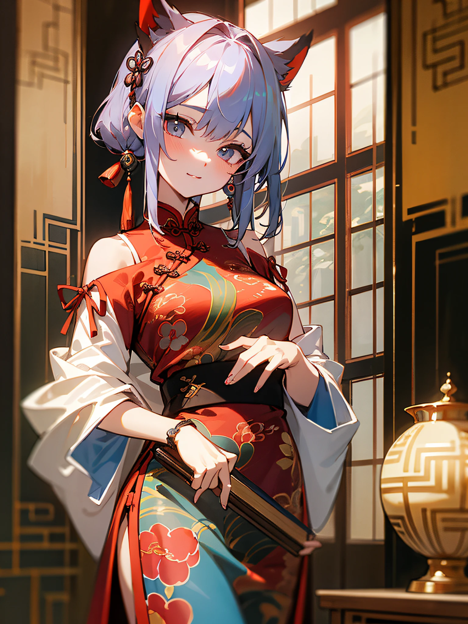 the best quality，nmasterpiece，Complicated details，A chinoiserie girl stands，Holding a fan in your hand，Chinese doll double pill head，Red off-the-shoulder cheongsam