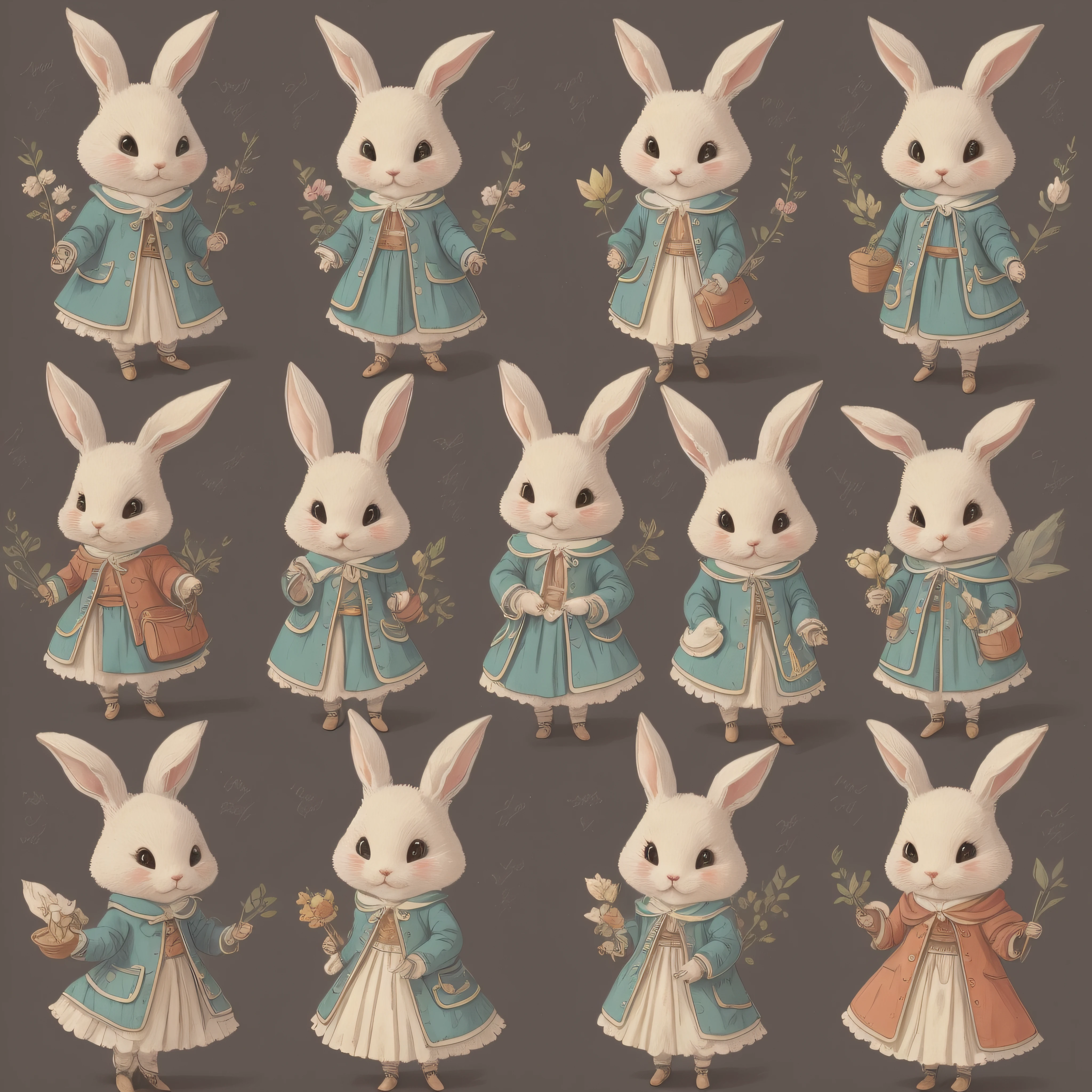 An ultra-high picture quality、Super delicate、Character design drawings、Full body like、Multiple Pose、Multiple facial expressions、Anthropomorphic cute rabbit、Cute characters from fairy tales、Cute rabbit in coat、18th century French clothing、Colorful colors、