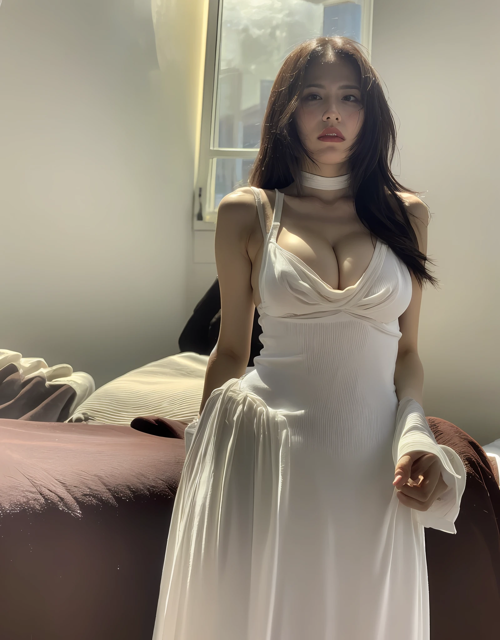 ((Midnight, Best Quality, 8k, Masterpiece :1.3)), Full Body, Long Legs, Sharp Focus : 1.2, Pretty Woman with Perfect Figure: 1.4, Slender Abs: 1.1, ((Dark Brown Hair, Big:1.2)), (Short Torso, {{{Very Long Legs}}}, {{{Very Thin Waist}, {Very Small Hips}, {{Very Large Breasts Gathered}},
 {{{Different Clavicles}}},
{{{White skin}}}, {{{Light brown hair}}},
{{{Tiny head}}},{{25 years old}}}, {{{Waistshot}, {{{Emotionless face}, {Viewer}, {{Chest Height View}}}, {White Tube Micro Mini Dress}, {{{Body Conscious Dress}}, {{{Sleeveless dress with cleavage fully exposed, neckline plummeting}}, Thin white choker), (( Bedroom at night)), highly detailed face and skin texture, detailed eyes, double eyelids