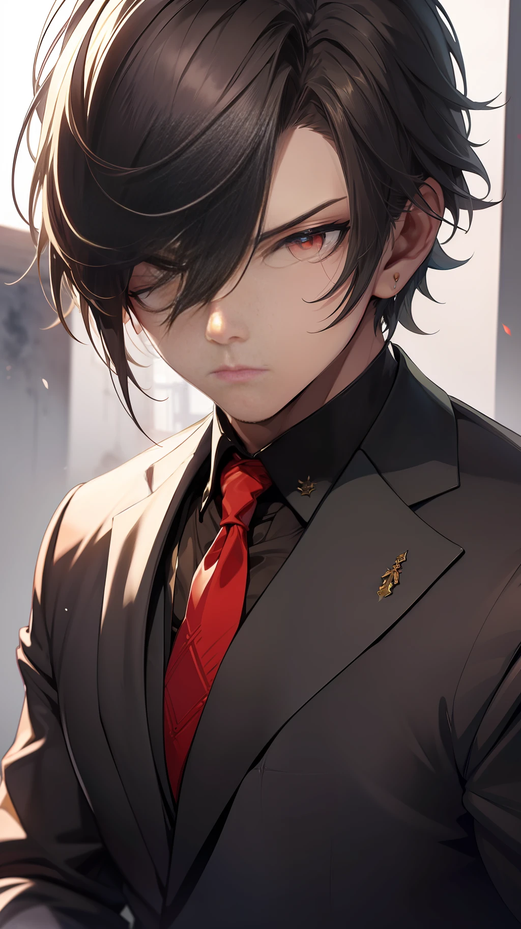 Very handsome boy，Noble look，with short black hair，Red pupils，Grim expression，Upper body ID photo，The eyes portray attention to detail，Black suit with no decorations，Sitting in a red leather seat，A kingly look，Face the camera