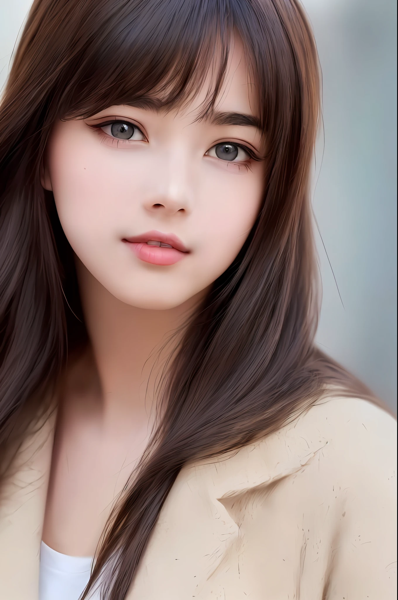 1 girl, crowd street, natural sunlight, best quality, relaxation, relaxation, an extremely beautiful and beautiful, detailed, CG, unity,8k wallpaper, amazing, fine detail, mastery, best quality Official art, detailed CG Unity 8k wallpaper, ridiculous, unbelievably ridiculous, huge file size, super detailed, high resolution, very detailed, beautiful detailed girl, very detailed eyes and face, beautiful detailed eyes, (RAW photo, best quality), (realistic, photo realism: 1.3), light face, full body, full body, black jacket, (triangle face), (light brown hair: 1), long hair, (large) eyes), ((puffy eyes)), ((small breasts)), (fantasy breasts)), (Kpop idol), (aegyo sal), bangs, (wall background)), blank wall, skinny, (eyes), (swelling), happy, looking at the audience, facing forward