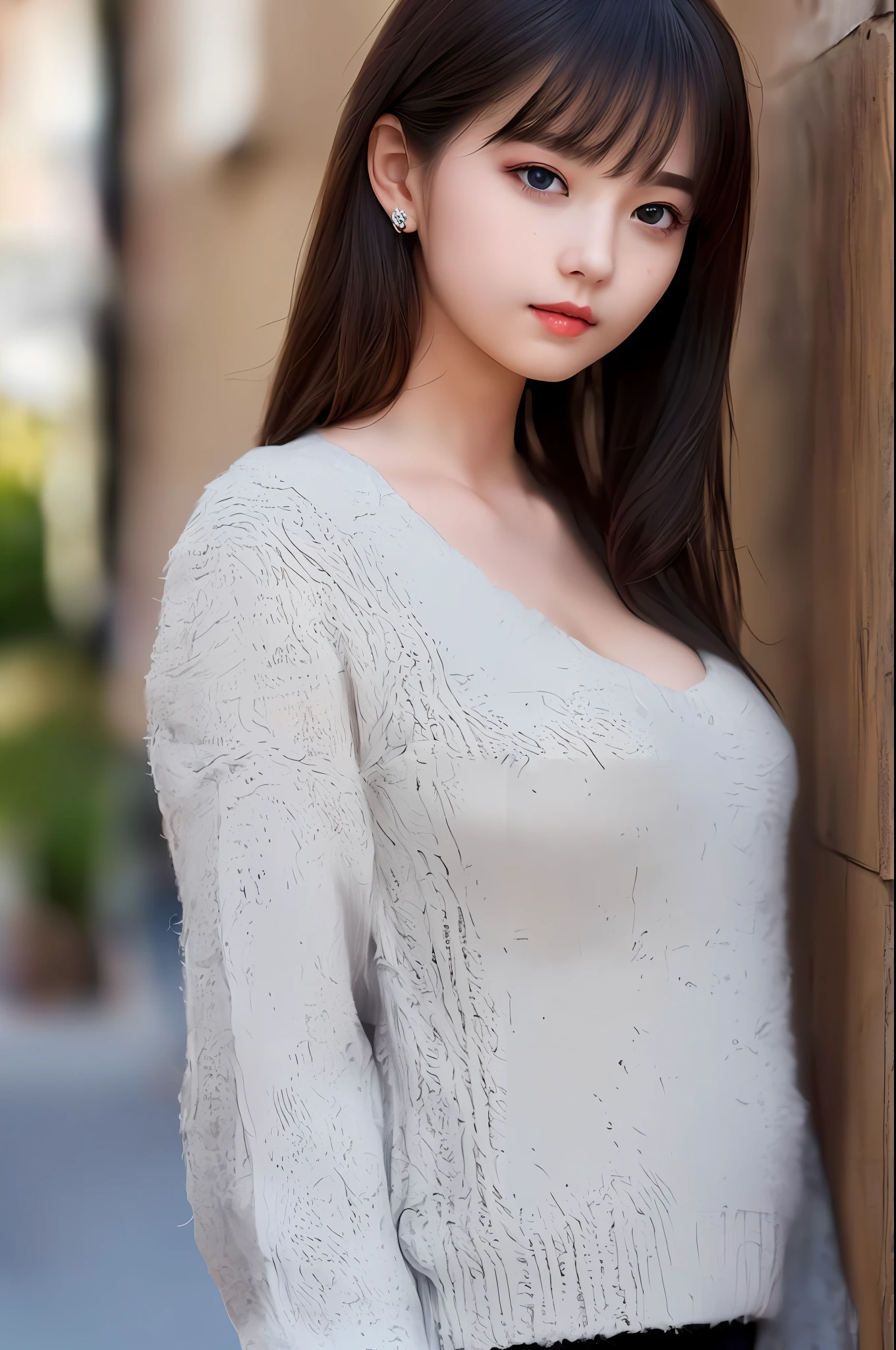 1 girl, crowd street, natural sunlight, best quality, relaxation, relaxation, an extremely beautiful and beautiful, detailed, CG, unity,8k wallpaper, amazing, fine detail, mastery, best quality Official art, detailed CG Unity 8k wallpaper, ridiculous, unbelievably ridiculous, huge file size, super detailed, high resolution, very detailed, beautiful detailed girl, very detailed eyes and face, beautiful detailed eyes, (RAW photo, best quality), (realistic, photo realism: 1.3), light face, full body, full body, black jacket, (triangle face), (light brown hair: 1), long hair, (large) eyes), ((puffy eyes)), ((small breasts)), (fantasy breasts)), (Kpop idol), (aegyo sal), bangs, (wall background)), blank wall, skinny, (eyes), (swelling), happy, looking at the audience, facing forward