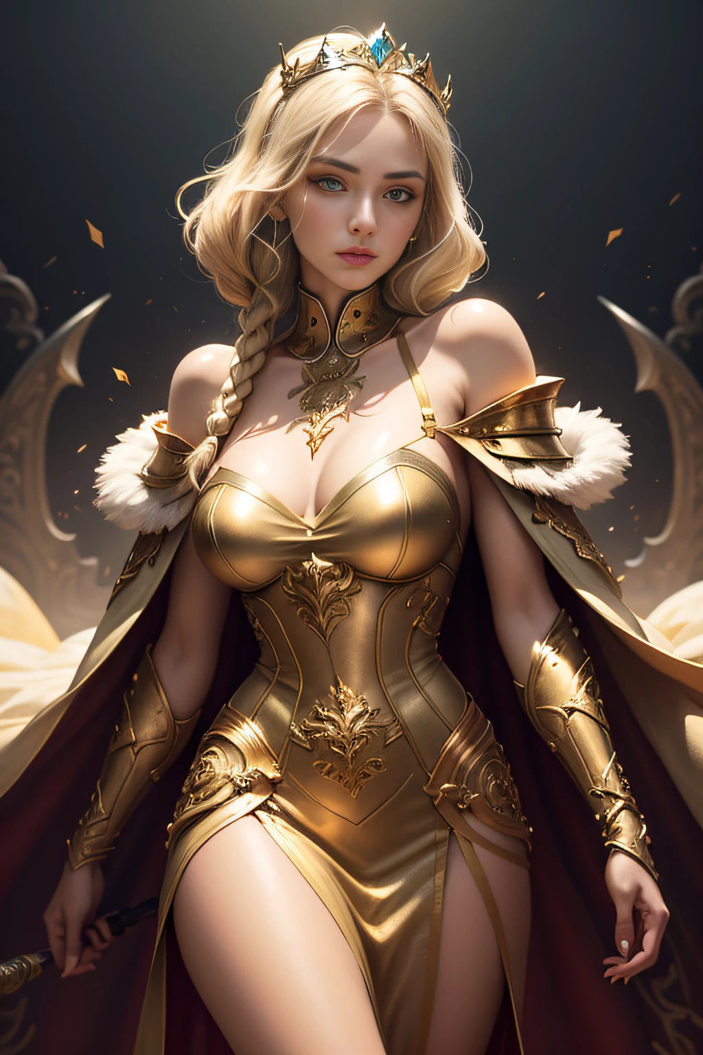 Blonde haired woman with braids, (medieval punk green neckline armor). Bright chrome gold lingerie with sharp reflections. Gems. Bare shoulders. (tiara). Low muscle definition. Beautiful legs. Bare shoulders visible. Detailed lighting. Artwork. Extreme beauty. Clothing with intense colored gradient effect. Professional image with high saturation. Professional camera. Illustration. Vibrant colors. vibrant yellow eyes, thin, fur cape, bright golden eyes, symmetry, intense look, black details on clothes, golden aura