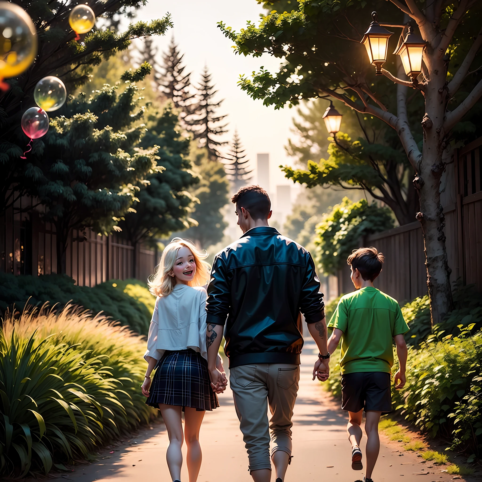 /imagine prompt: A charming Disney-style cartoon background depicting a summer park scene at night. Lush trees in the foreground occupy much of the frame, their branches and leaves painted in vibrant greens and playful curves. The park is dotted with colorful blooming flowers and tall grasses, evoking the lushness of a botanical garden at the height of summer. The atmosphere of the scene is one of pure happiness and joy, with families in the background having picnics and playing games, couples strolling hand in hand along the winding paths, and children laughing and giggling as they run around playing with bubbles and balloons. The soft glow of streetlights casts a warm and pleasant light across everything, adding to the festive ambiance. This cartoon background is inspired by the Disney style of art, with bold lines, vivid colors, and gleeful character designs giving it a distinct and playful look. --ar 16:9 --s 720 --auto