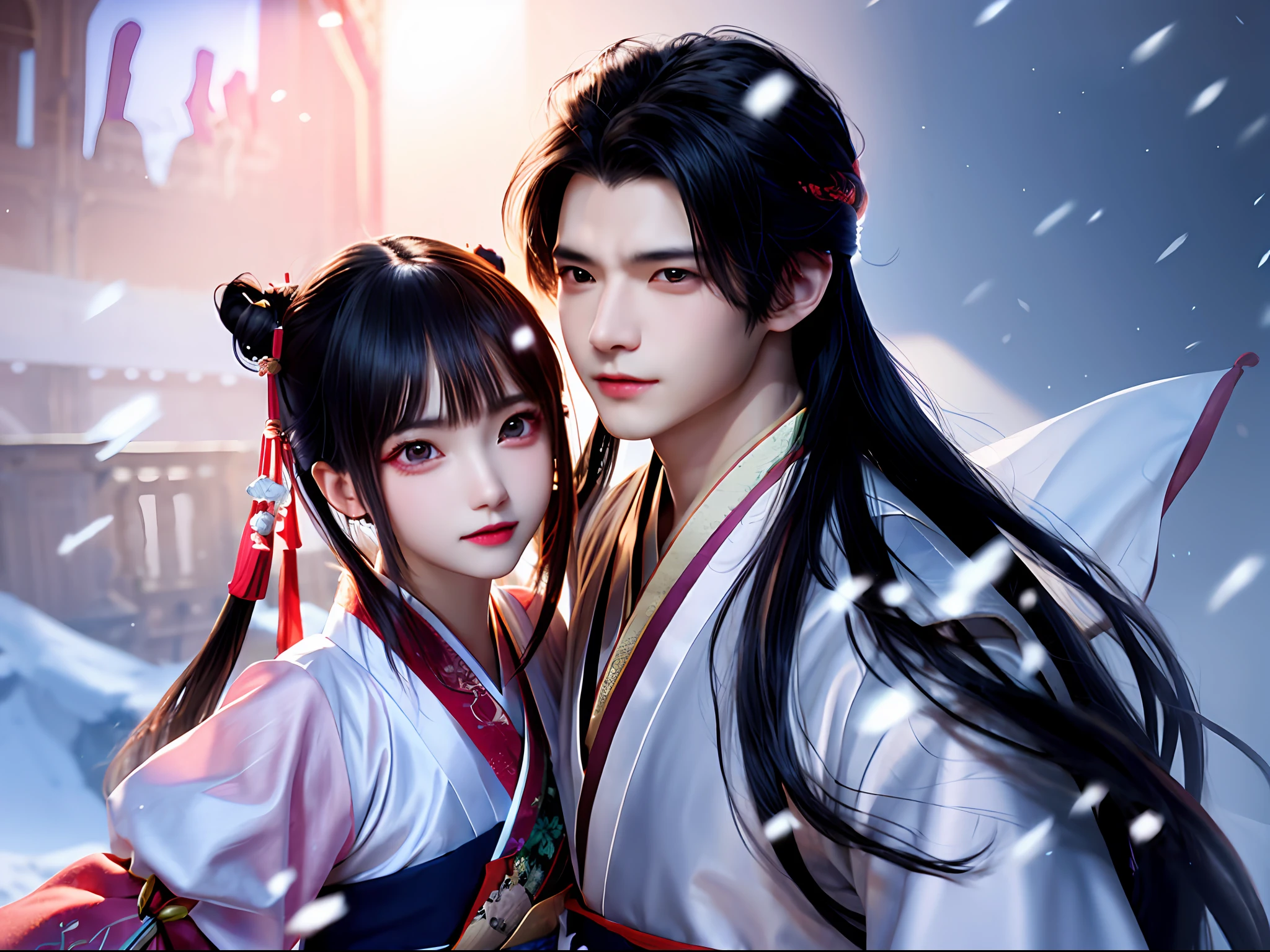 (Hanfu:1.2),(Ancient Chinese),((1 boy) and (1 girl) standing together),purpl eyes,(Black hair:1.2),(Dynamic pose),(creative lighting),(Magical atmosphere),(Fantasy setting), floating snow,nmasterpiece,Wallpapers