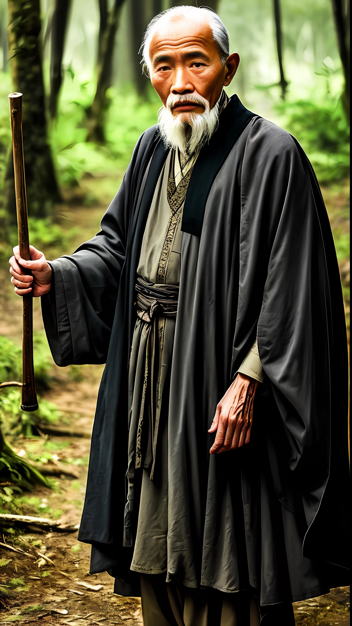 An Arad man in a black robe and hat stands in the mountains, Wise old man, Ancient monks, An old man, Taoist master, old jedi master, Monk, whole body photos, wearing a long flowing robe --auto