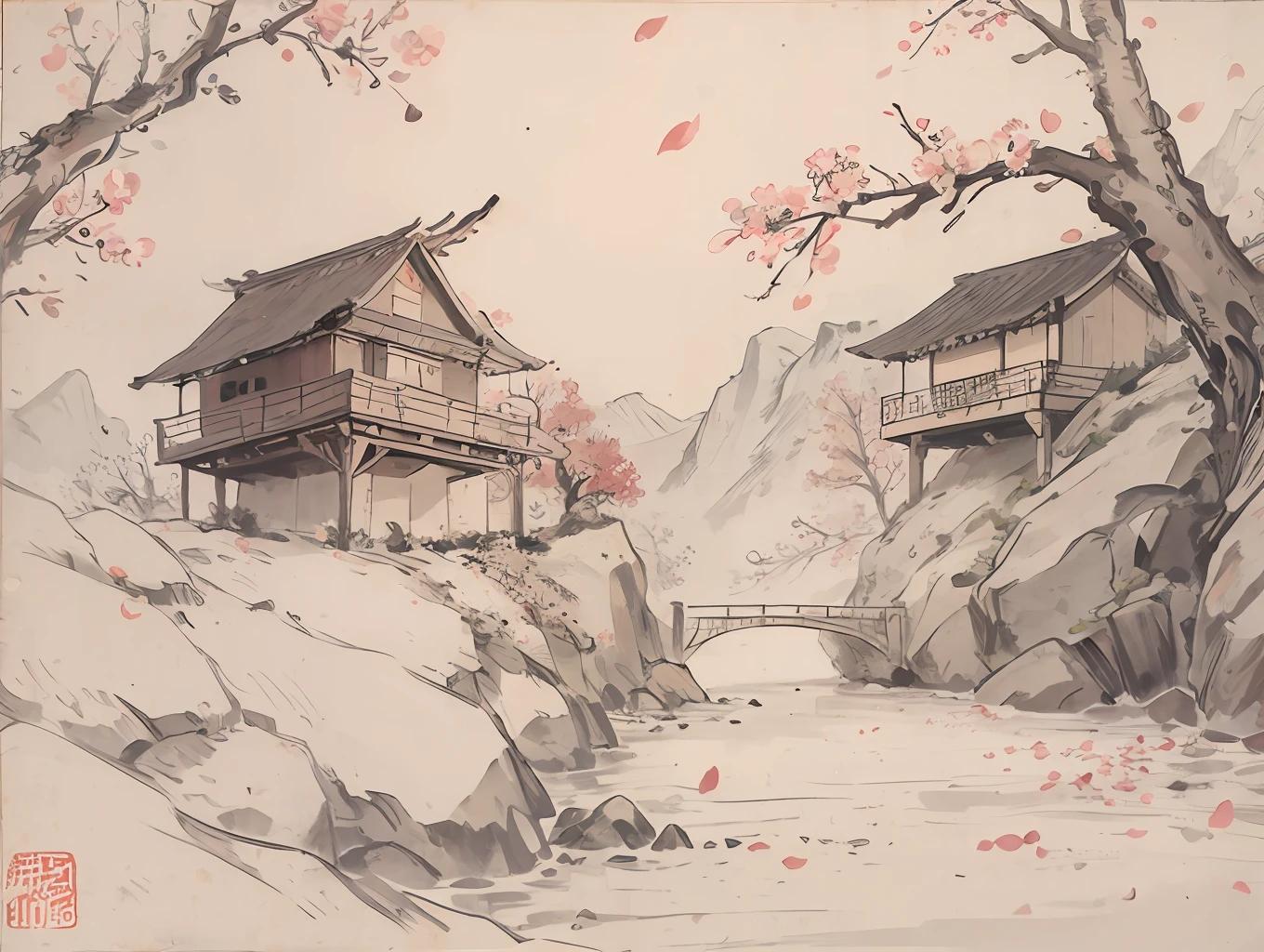 （nmasterpiece，最佳质量：1.2），chinese traditional ink painting，two，riverside，Peach blossom tree，Peach blossom tree，Peach blossom tree，Peach petals flutter in the wind，Ten peach petals，Thatched cottage，Fence wall made of bamboo poles，Little girl Hanfu