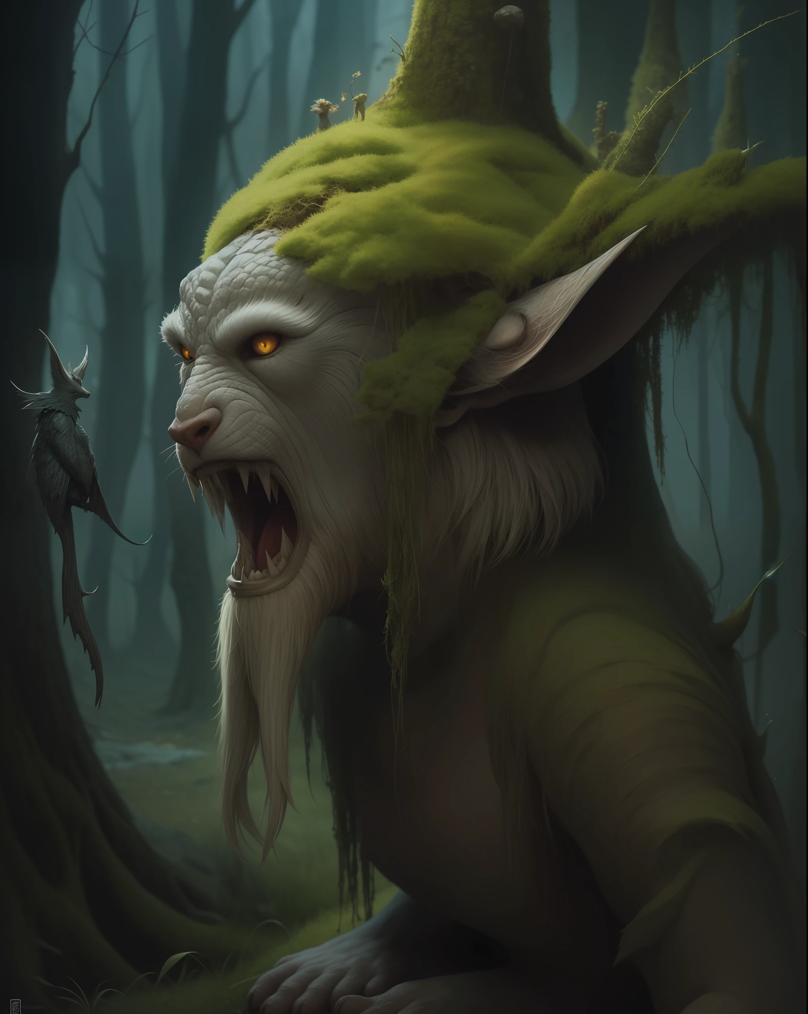 a picture of an image of a fantasy creature, funny emotion, big pointy ears, in the style of donato giancola, gris grimly, primitive art, full body, realistic, precisionist lines, anton semenov mossy moss moss
