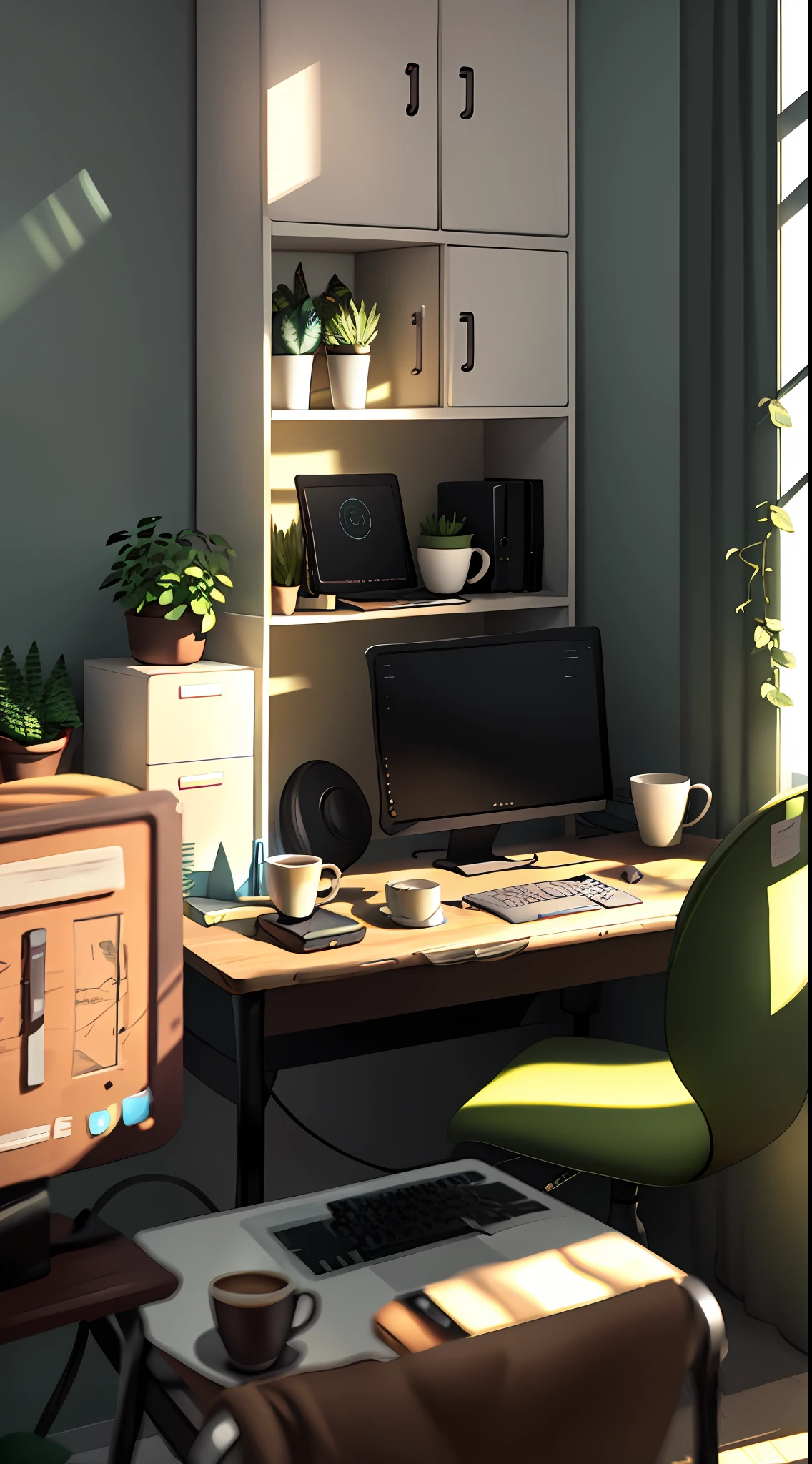 cartoon of a desk with a computer and a monitor in a room, cozy home background，Greenery，Blade details，coffee mug，nerds，picture frames，Simple and crisp，Detailed 2D illustration, interior background art, Anime background art, Realistic rays，blades，office backdrop, corner office background,Epic composition，（Complicated details），（Complex design，ultra detaile：1.2），art stations， （nmasterpiece，最佳质量），ultra high def，32K --v 6