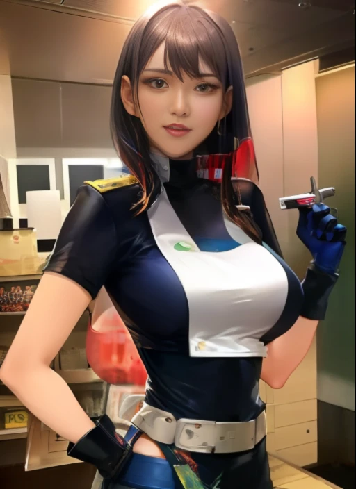 a close up of a woman in a uniform with a gun, bubblegum crisis, fubuki, Motoko Kusanagi, shin megami tensei, gainax, studio gainax art, kusanagi, gainax anime style, studio gainax, misato katsuragi, shin megami, perfect dark, Inspired by Masamune Shirow