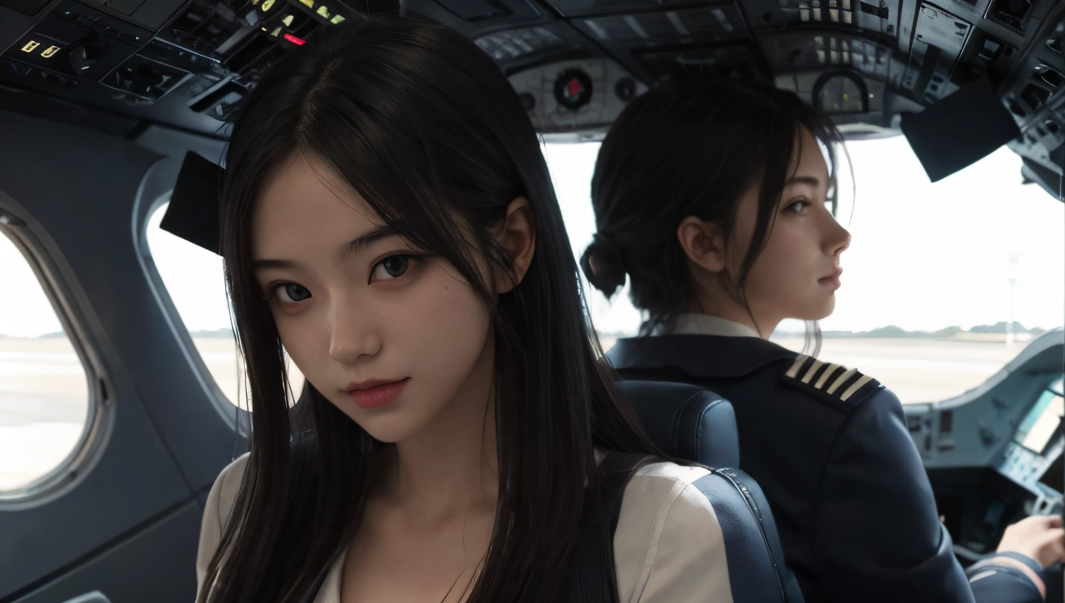 two women in uniform sitting in a plane looking at the camera, cute pilot girl, pilot girl, cinematic. by leng jun, artwork in the style of guweiz, movie still 8 k, 4 k ], 4k], 8k portrait render, still from a live action movie, soft portrait shot 8 k, beautiful sci - fi twins