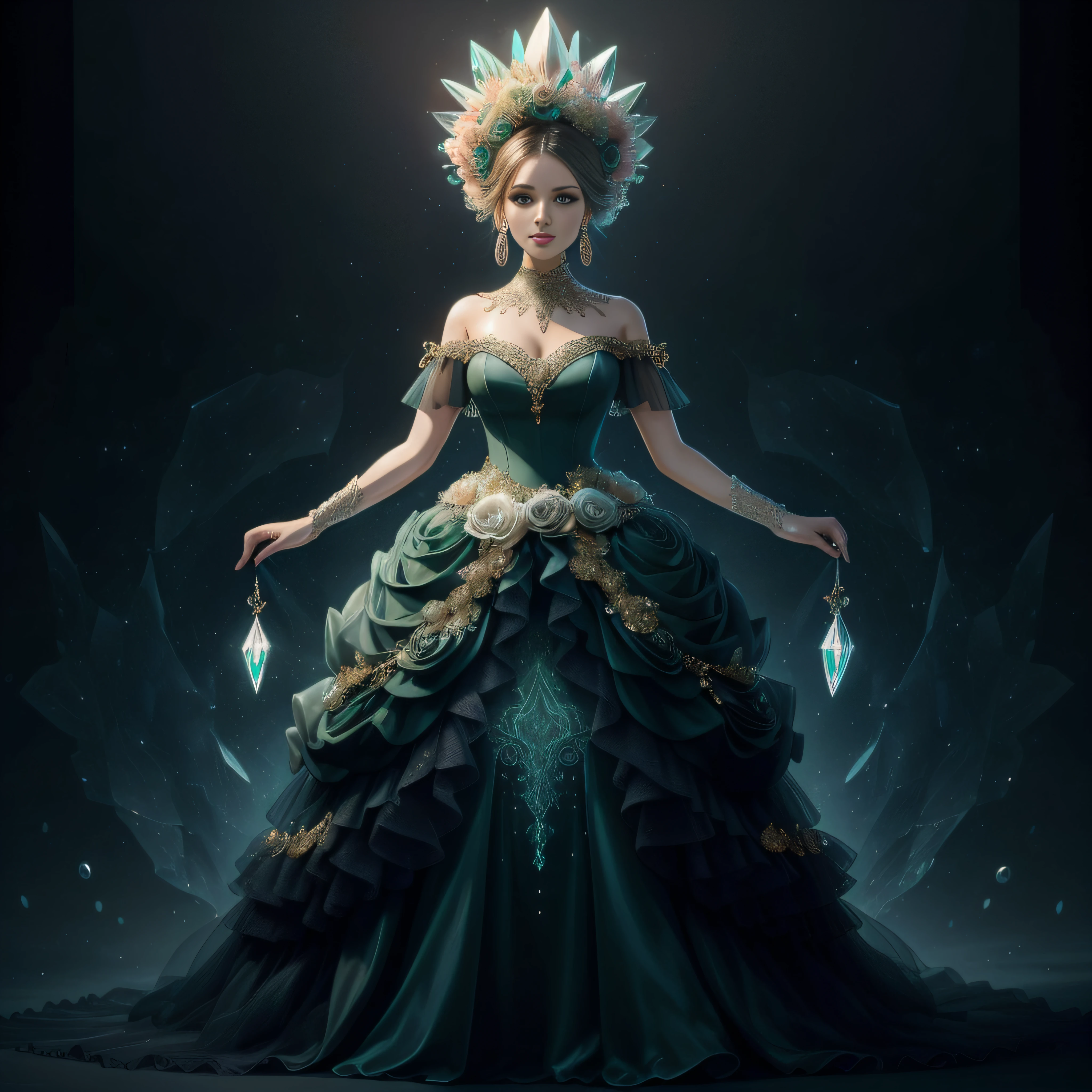 a day of the dead goddess wearing a majestic crystal sage green and gold ball gown dress, big beautiful dress, intricate puffy ball gown with lots of ruffles and rhinestones (Masterpiece, Top Quality, Best Quality, Official Art, Beautiful and Aesthetic: 1.2), (1 Flower), Full Body, Extremely Detailed, (Fractal Art: 1.3), Colorful, Most Detailed