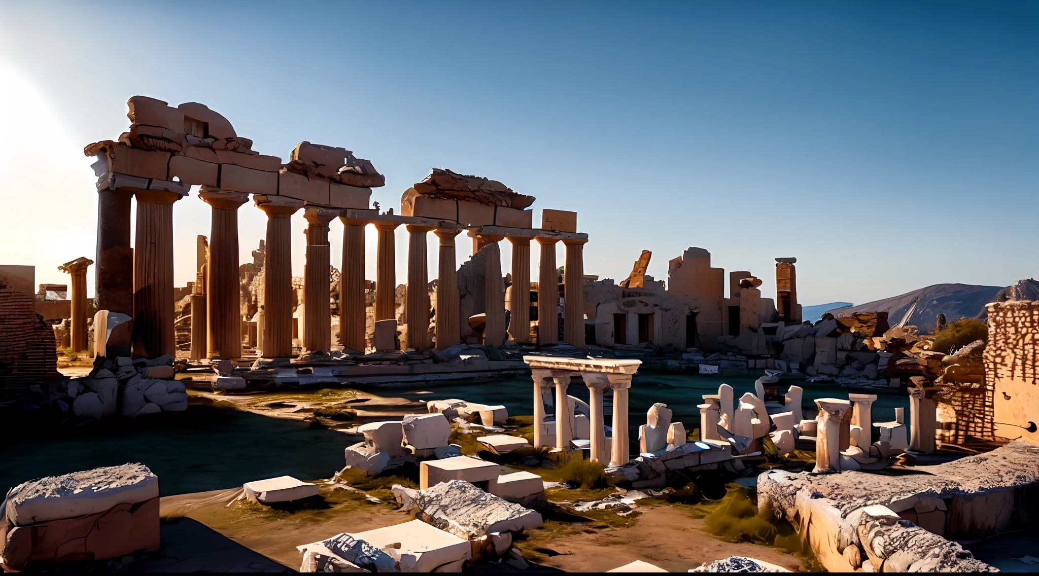 (((masterpiece))), ((best quality)), detailed, professional lighting, (((Ultra Detailed))),absurdres,(((incredibly absurdres))),Flooded Greek ruins
