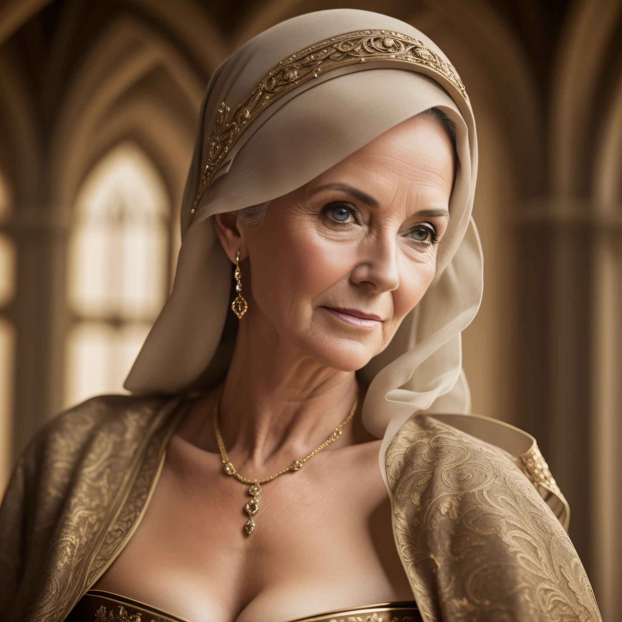 Mature woman, well dressed, medieval style, 4k, high resolution, masterpiece, best quality, sharp focus, (cinematic lighting), collarbone, [:(detailed face:1.2):0.2] --auto --s2