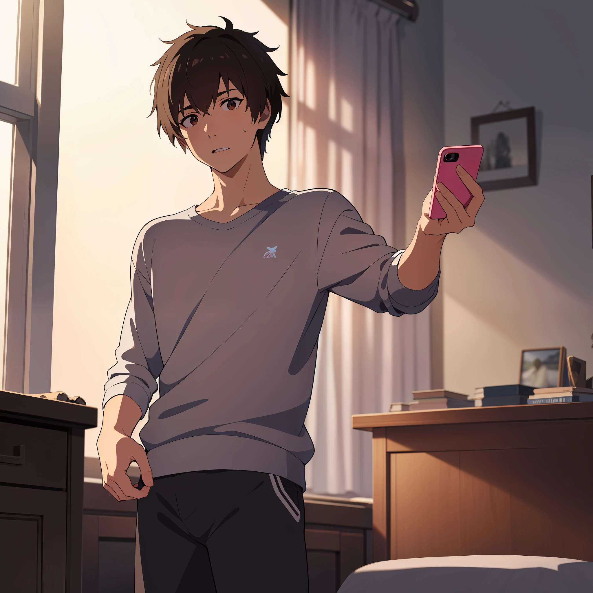 (absurdres, highres, ultra detailed, HDR), masterpiece, best quality, ((1boy, solo)),((makoto shinkai)),(taki_tachibana_yourname),teenage boy,browny short hair, brown eye, finely eye and detailed face, pale and white skin, pink, bare chest, (sweaterpants), holding a phone, selfie, bedroom is background, from below,