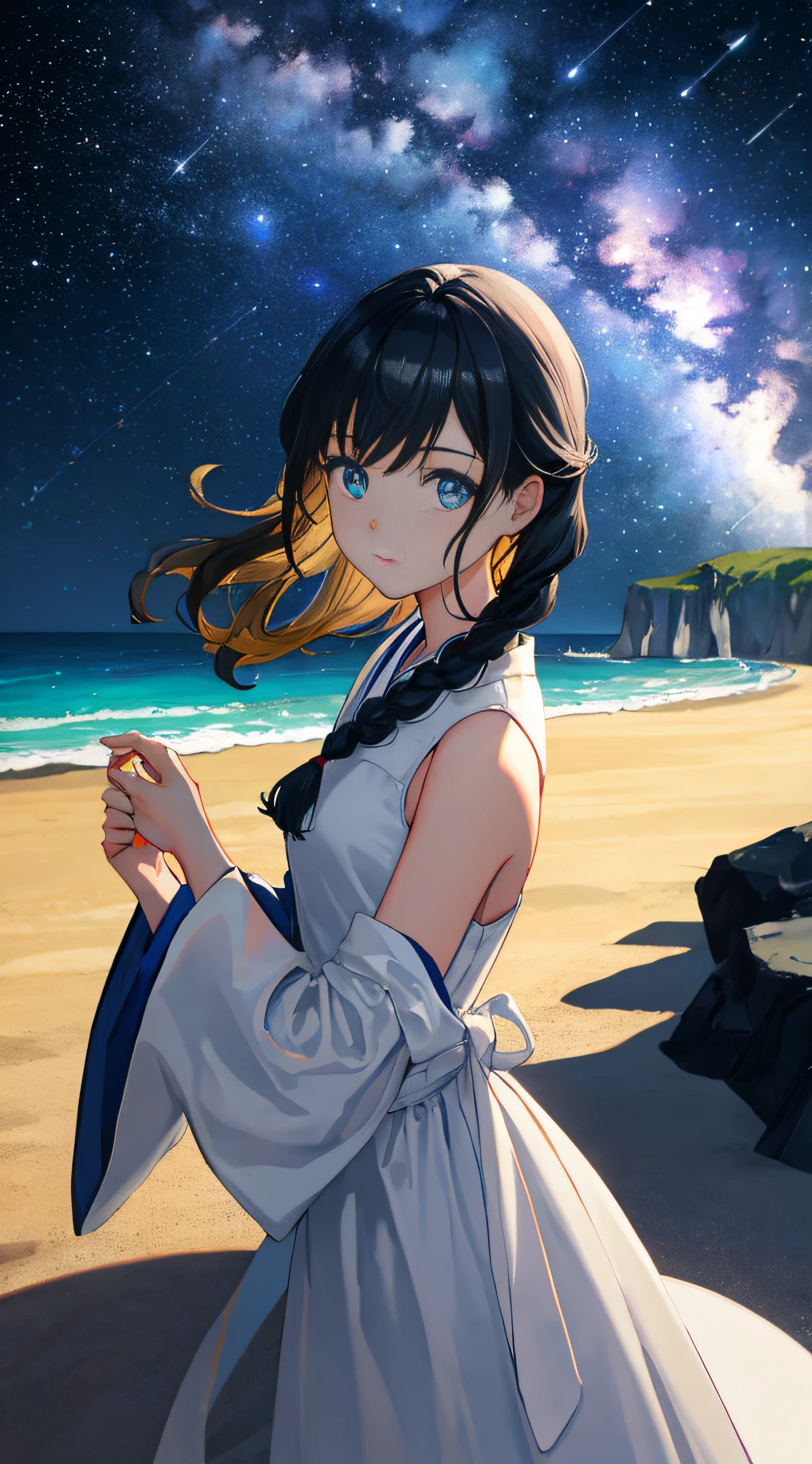 (8K:1.27),Best Quality,Maste Piece,ultra-high-resolution:1.2,Depth of field, seas, shores,White sandy beach, Starry sky,Meteor,the planet,stella,comely,Dark,Midnight,Night,Milky Way,rock formations,waves, great outdoors,Wide sky, a Pretty Japanese woman,(very highly detailed face),(beautifuleyes), 1girls,(Cowboy Shot), White sleeveless dress, black hair, Braids