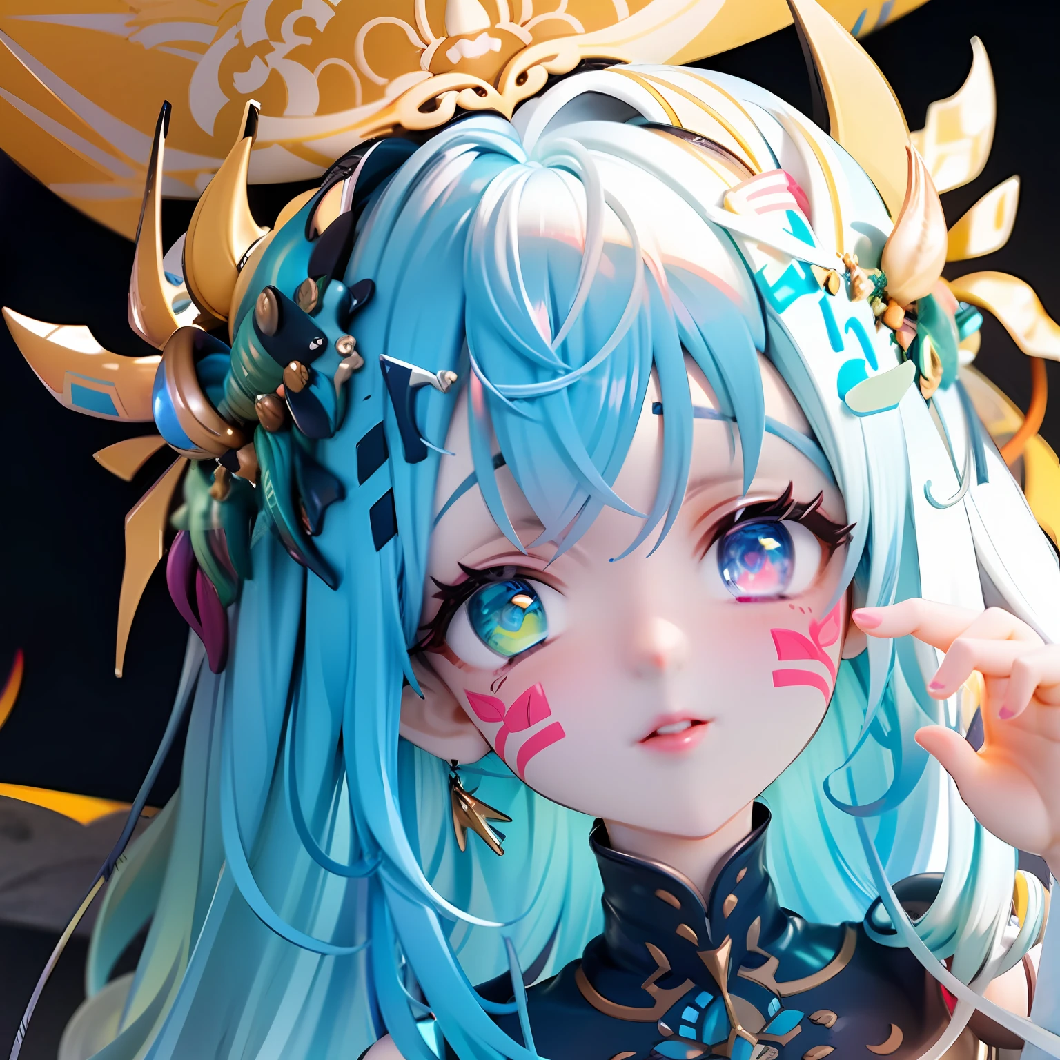 babes、Close-up of the face、Neon Blue Color、gold、odd eye、Neon blue hair、Longhaire、facepaint、Striking golden hair ornament