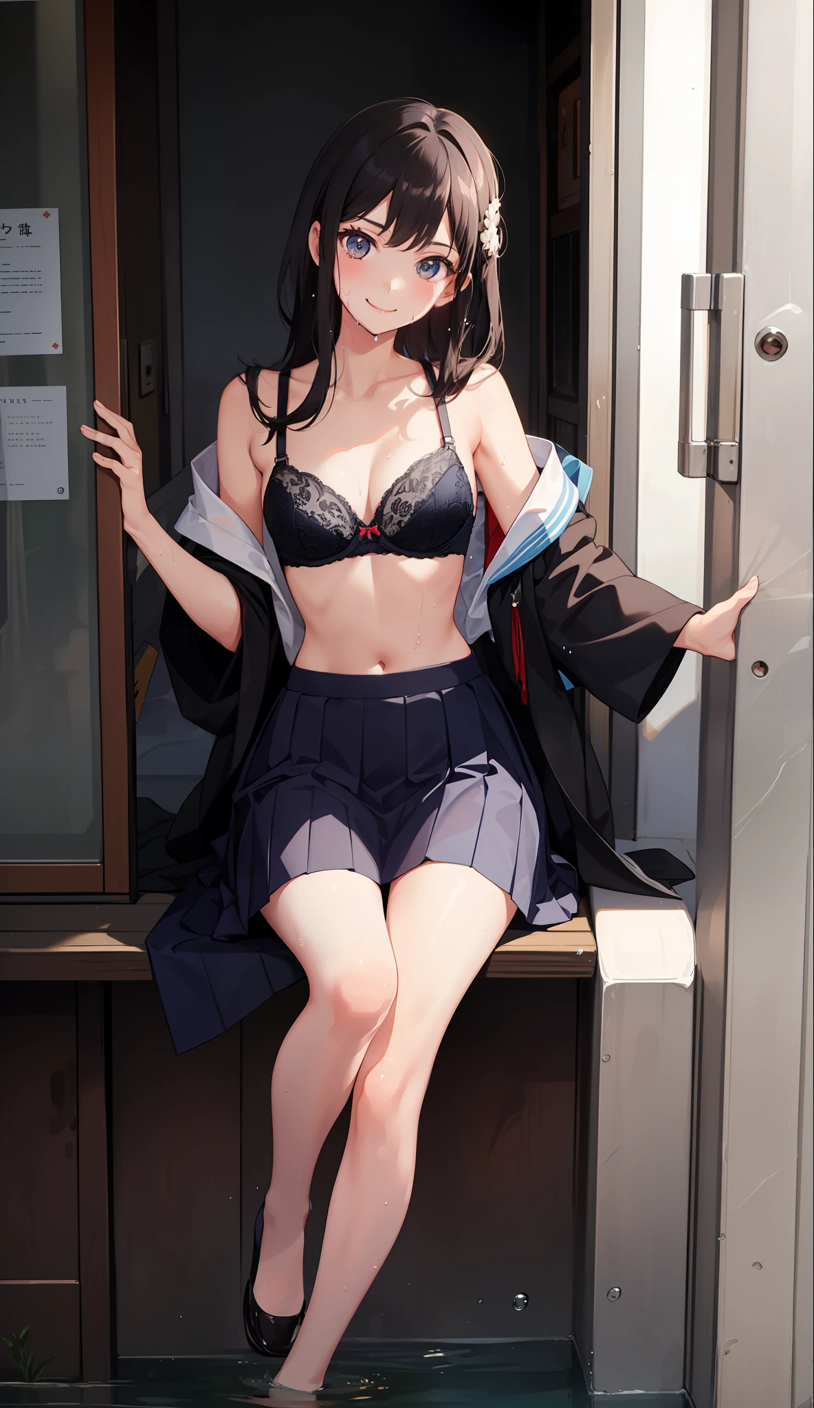 1 girl, smile, shirt, skirt, (small) chiralism, Japan high school school uniform, seravuk, summer clothes, squall-wet uniform, sheer bra, (portrait from knee up),